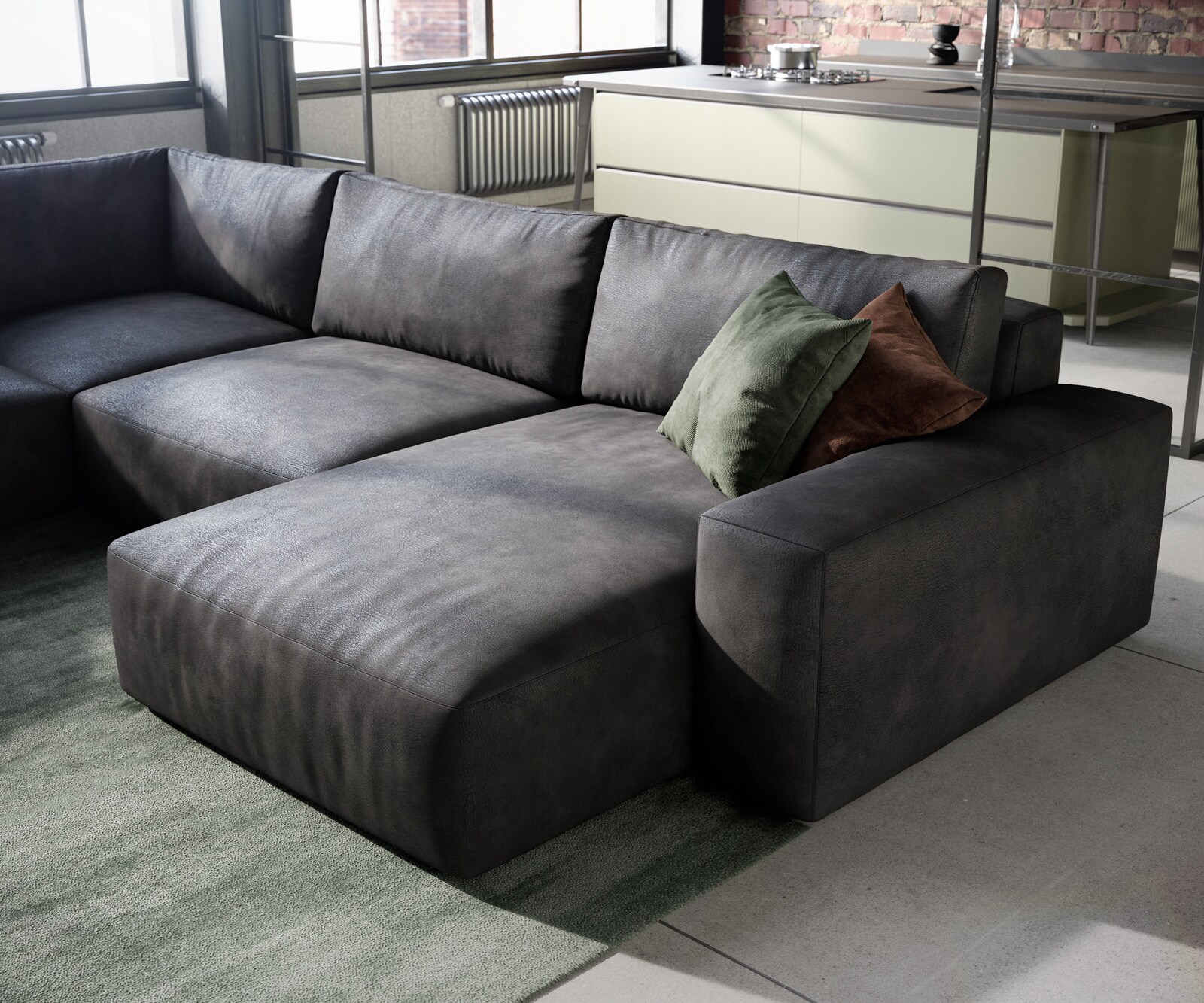 Холна гарнитура Lanzo 300x210 см имитация на кожа винтидж антрацит Recamiere променлива с осман 4