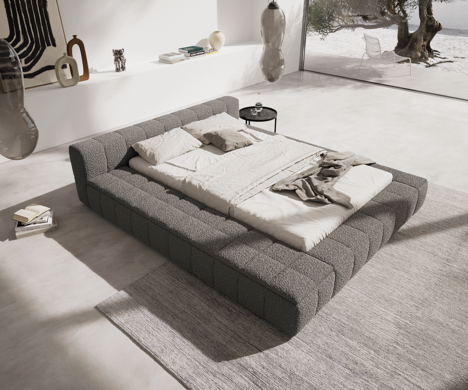 Тапицирано легло Espazio 140x200 cm bouclé сребристо сиво с място за съхранение 1
