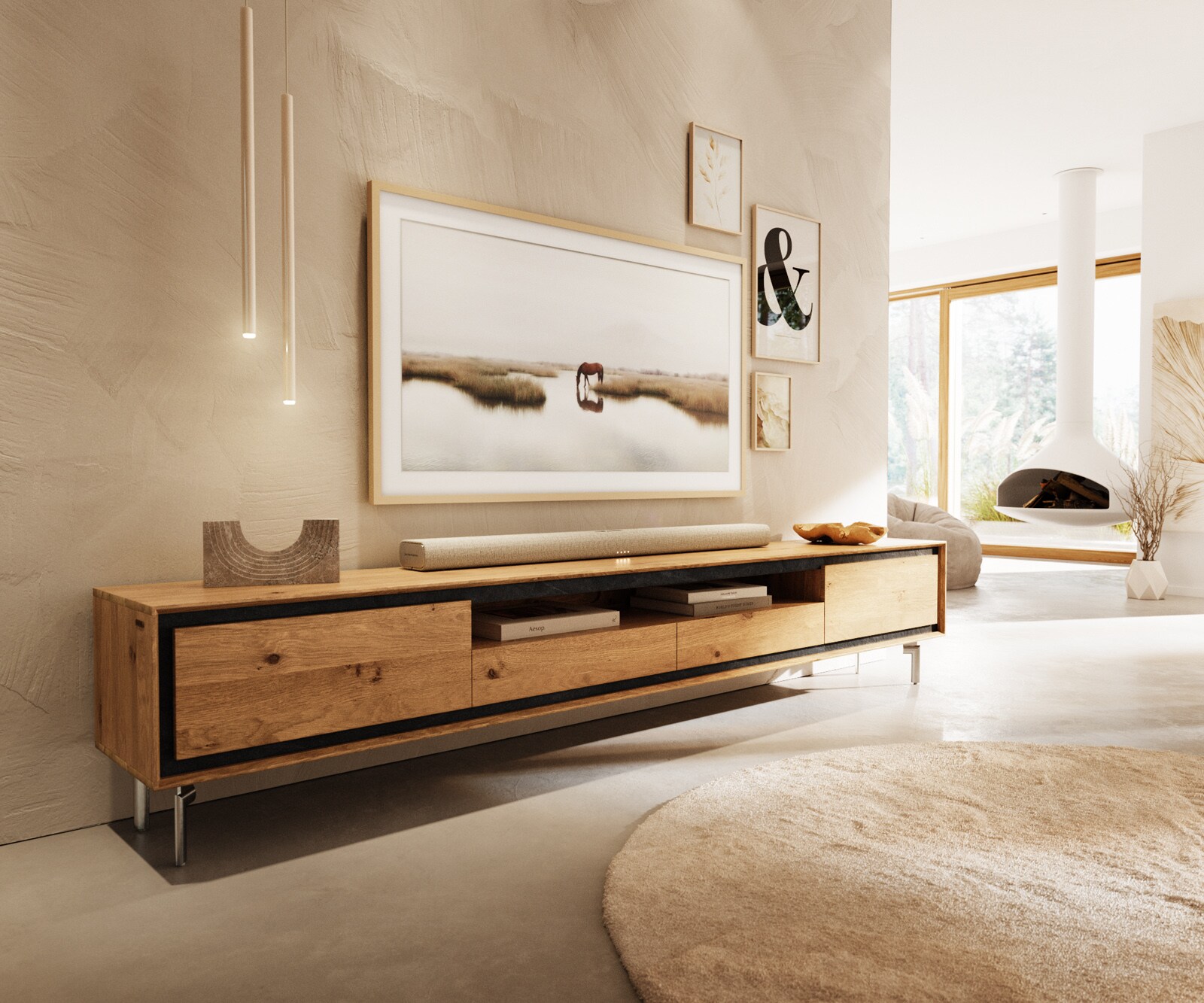 Нисък шкаф Stonegrace 240 cm естествен дъб 2 врати 2 чекмеджета 1 рафт Овална основа от неръждаема стомана