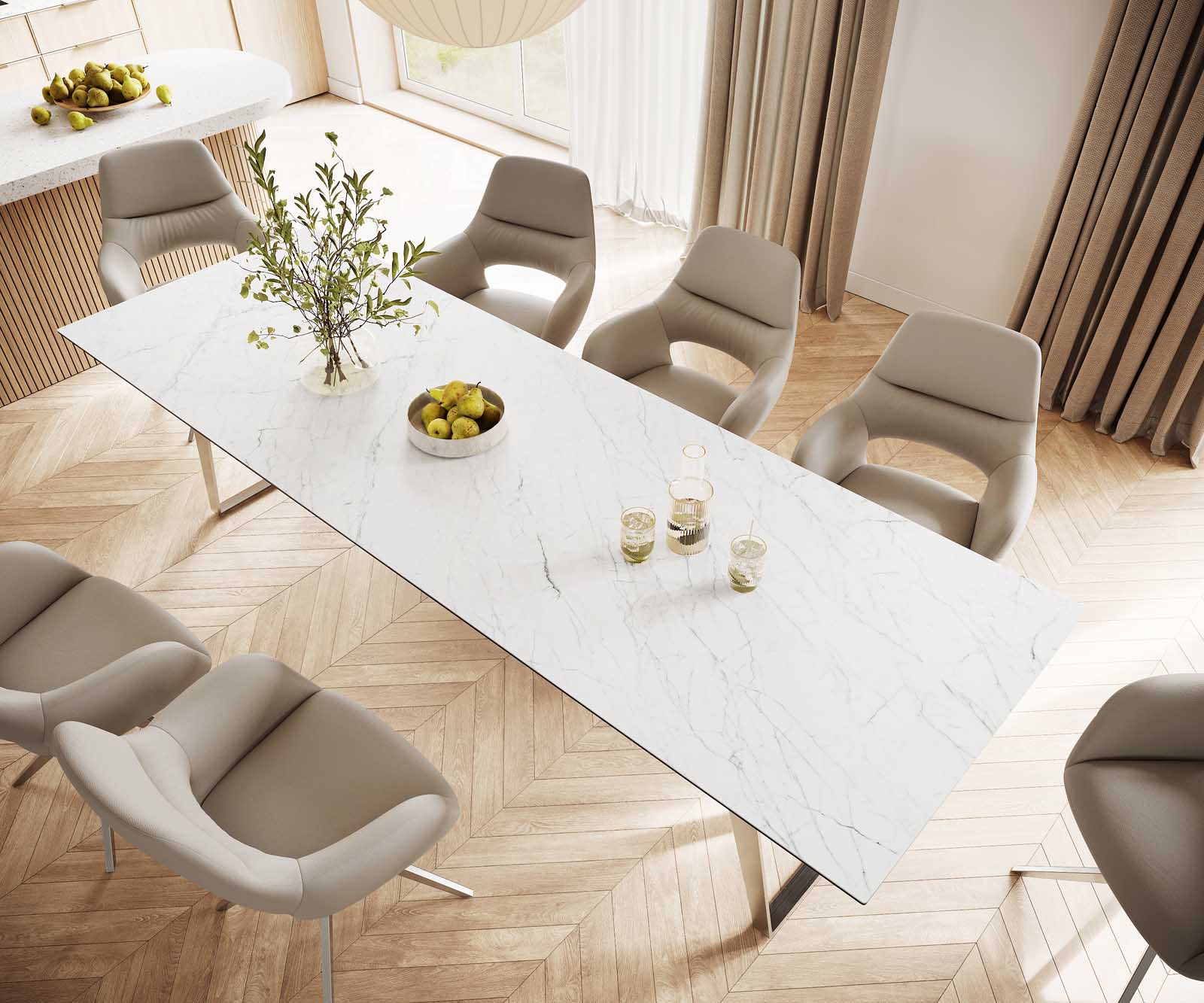 Маса 300x100 Keramik Laminam® Statuarietto Бял Неръждаема стомана под ъгъл Edge 3