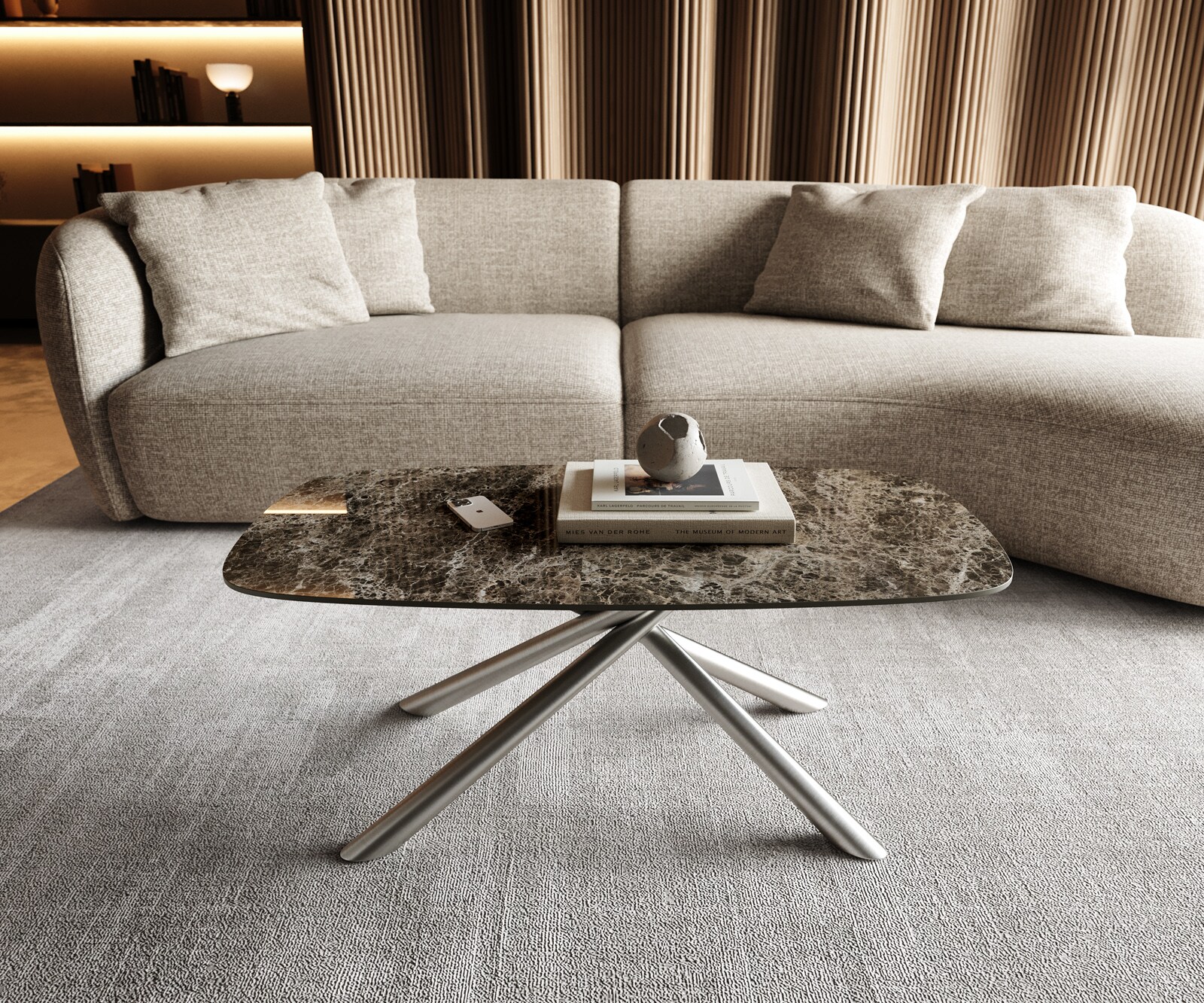 Масичка за кафе Edge Boot 100x50 cm Керамичен ламинат® Emperador Extra Lucidato Тъмно кафяво Sarity Матирана неръждаема стомана 2