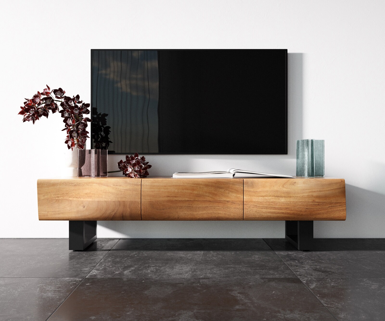 Ниска дъска New Live-Edge 145 cm естествена акация 3 вратички метален бегач черен 3