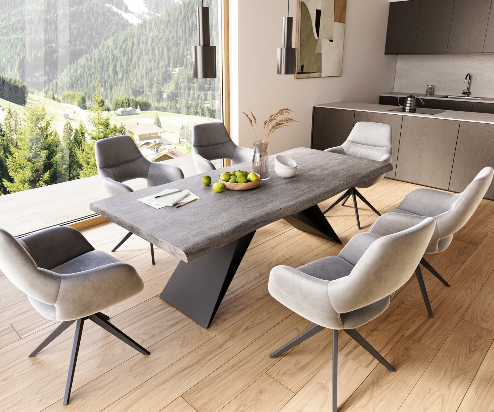 Трапезна маса Edge 220x100 XL от акация, цвят „Платина“, V-образна рамка от плоска стомана, черна, с естествени ръбове 6