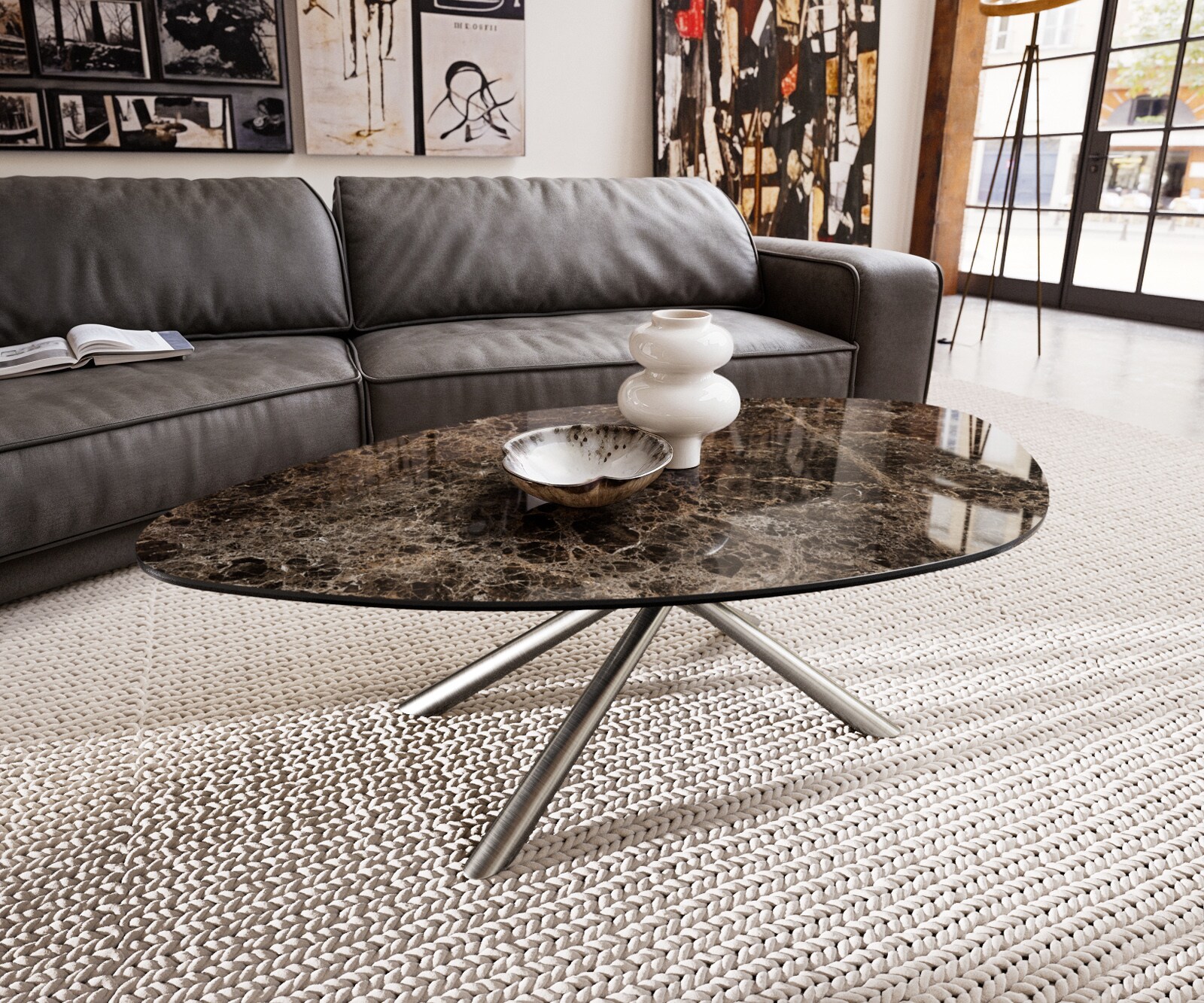 Масичка за кафе Edge Organic 140x76 cm Керамичен ламинат® Emperador Extra Lucidato Тъмнокафяво Sarity Матирана неръждаема стомана 1
