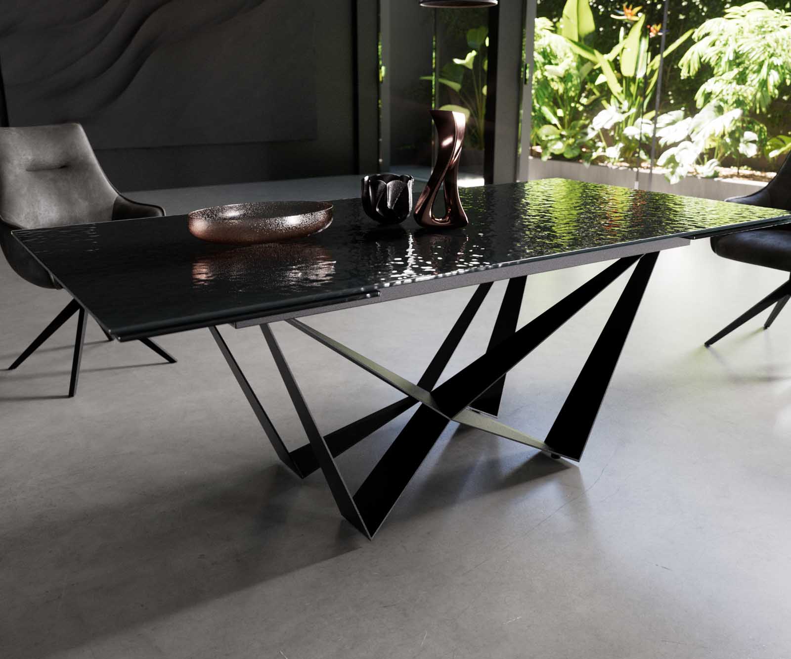 Маса 200-300x100 РелефноСтъкло ОпушеноЧерен 3D-Design Spider плоска стомана Черен разтегателна Edge 5