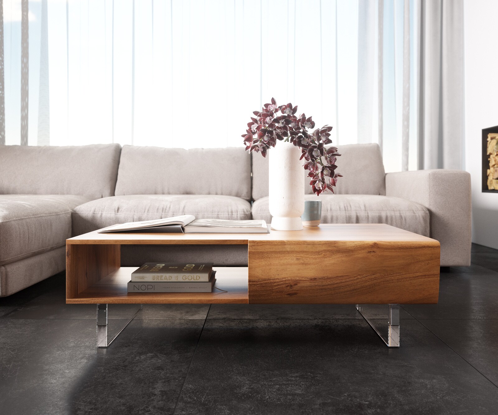 Холна маса New Live-Edge 115x60 см Масив Акация в натурален цвят, 2 чекмеджета 1 рафт Акрилна основа 1