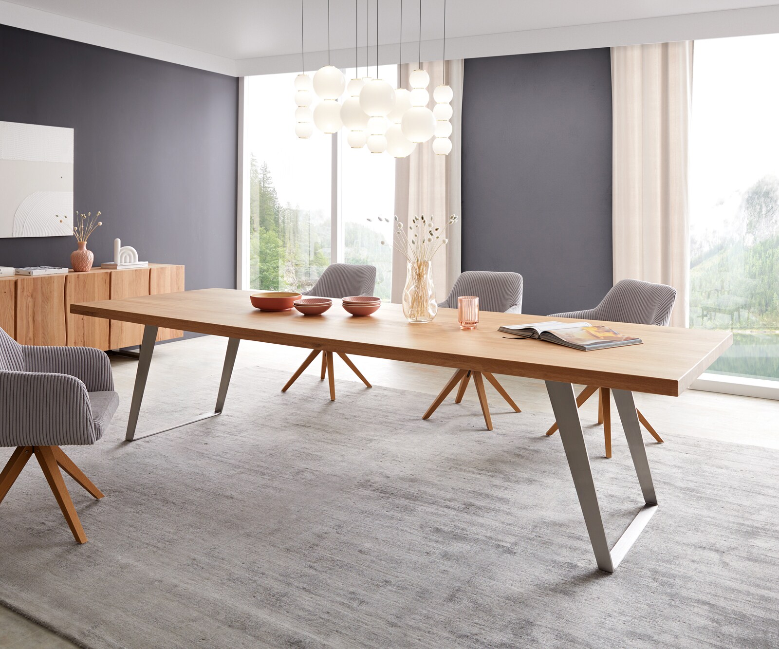 Маса 300x100 Дъб Натурал Неръждаема стомана под ъгъл Edge 2