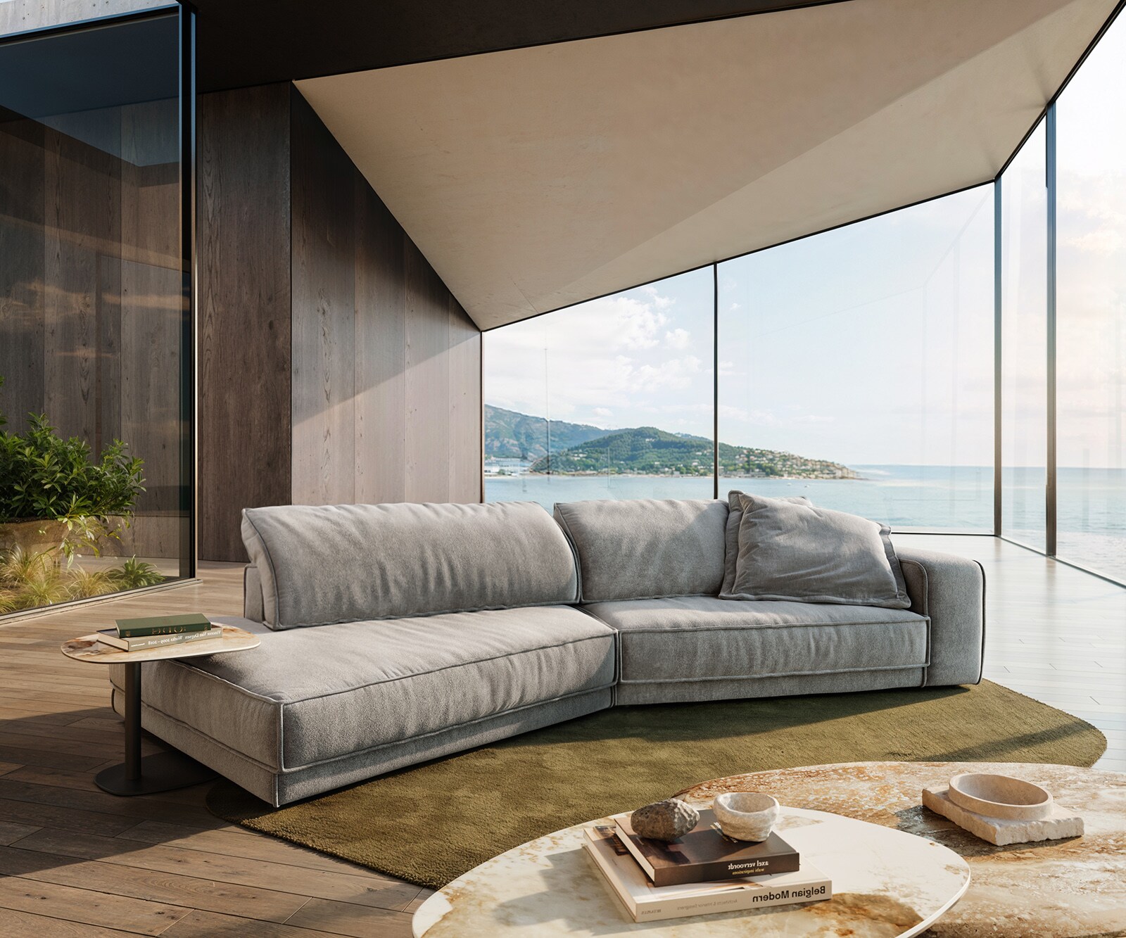 Голям диван Snoosh 400x150 cm текстурирана тъкан меко сиво Recamiere ляво 1