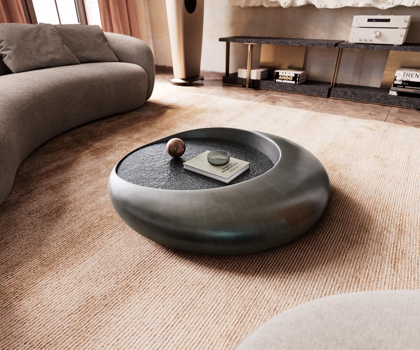 Масичка за кафе Blaise 100x100 cm сребрист металик със сиво релефно стъкло 1