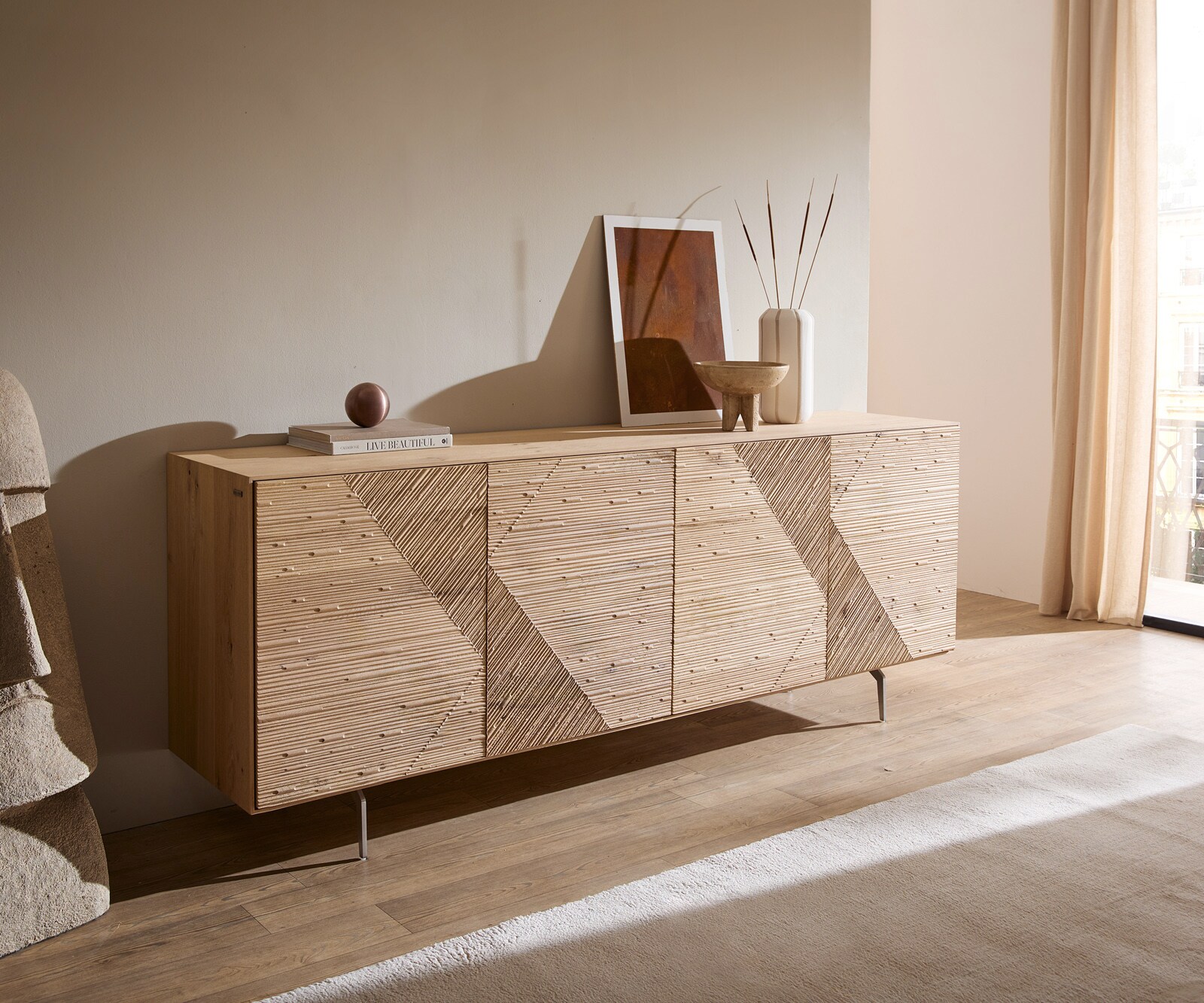 Шкаф Tereos 200 cm естествен дъб 3D ефект 4 врати ъглова основа матирана неръждаема стомана 1