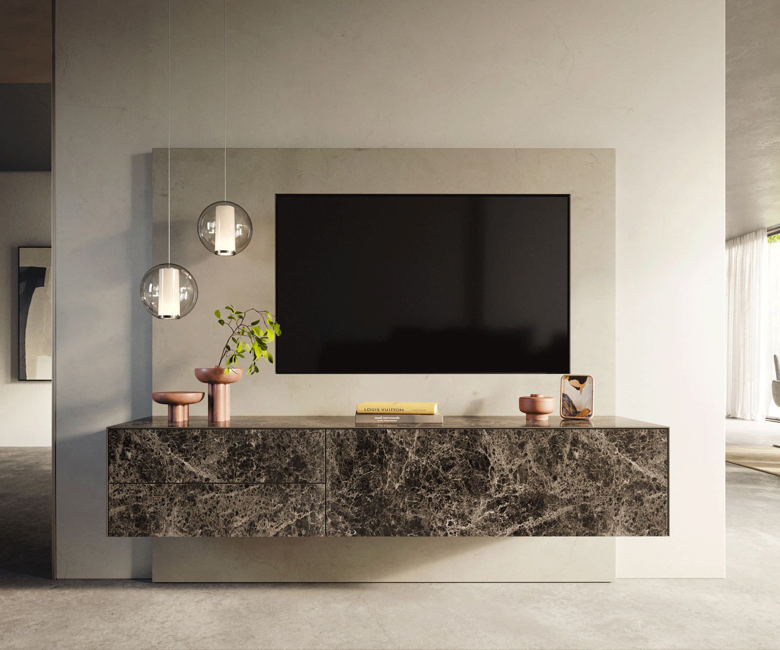 Стенен ТВ шкаф Cuor 180 см Керамика Laminam® Emperador Extra Lucidato Тъмно-кафяво 1 врата 2 чекмеджета  1