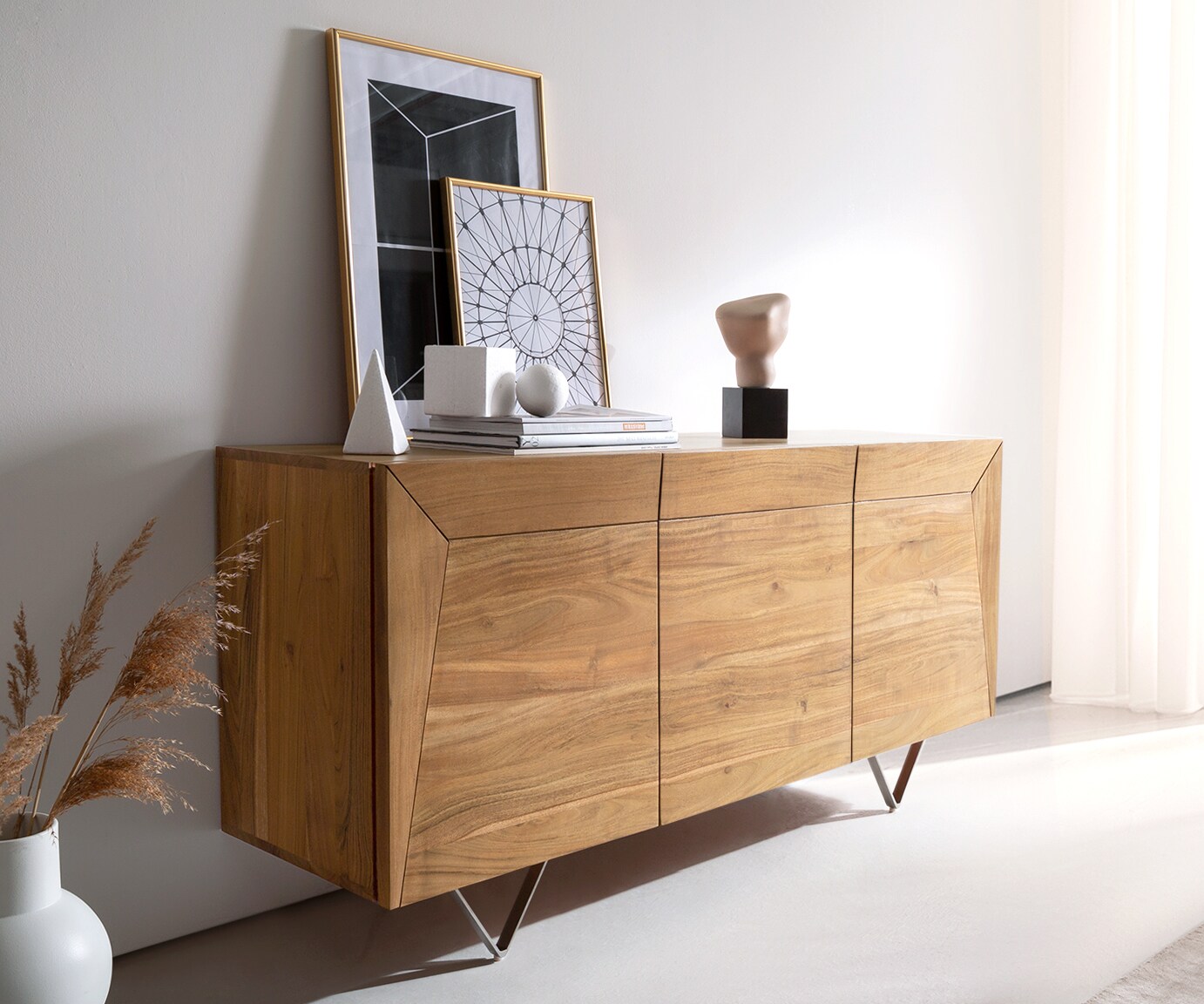 Бюфет 145x40x70 cm Акация Натурал 3 Врати V-Крак Kayu