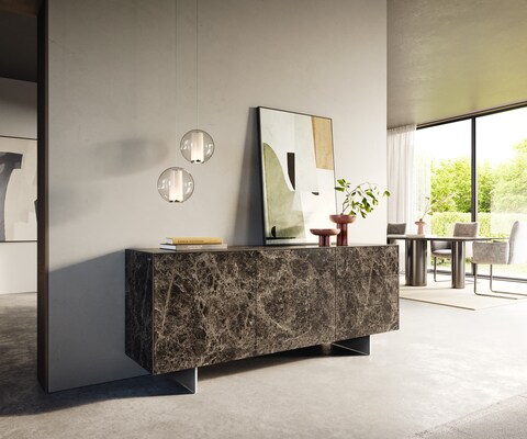 Бюфет Cuor 180 см Керамика Laminam® Emperador Extra Lucidato Тъмно кафяво 2 врати 3 чекмеджета Основа неръждаема стомана