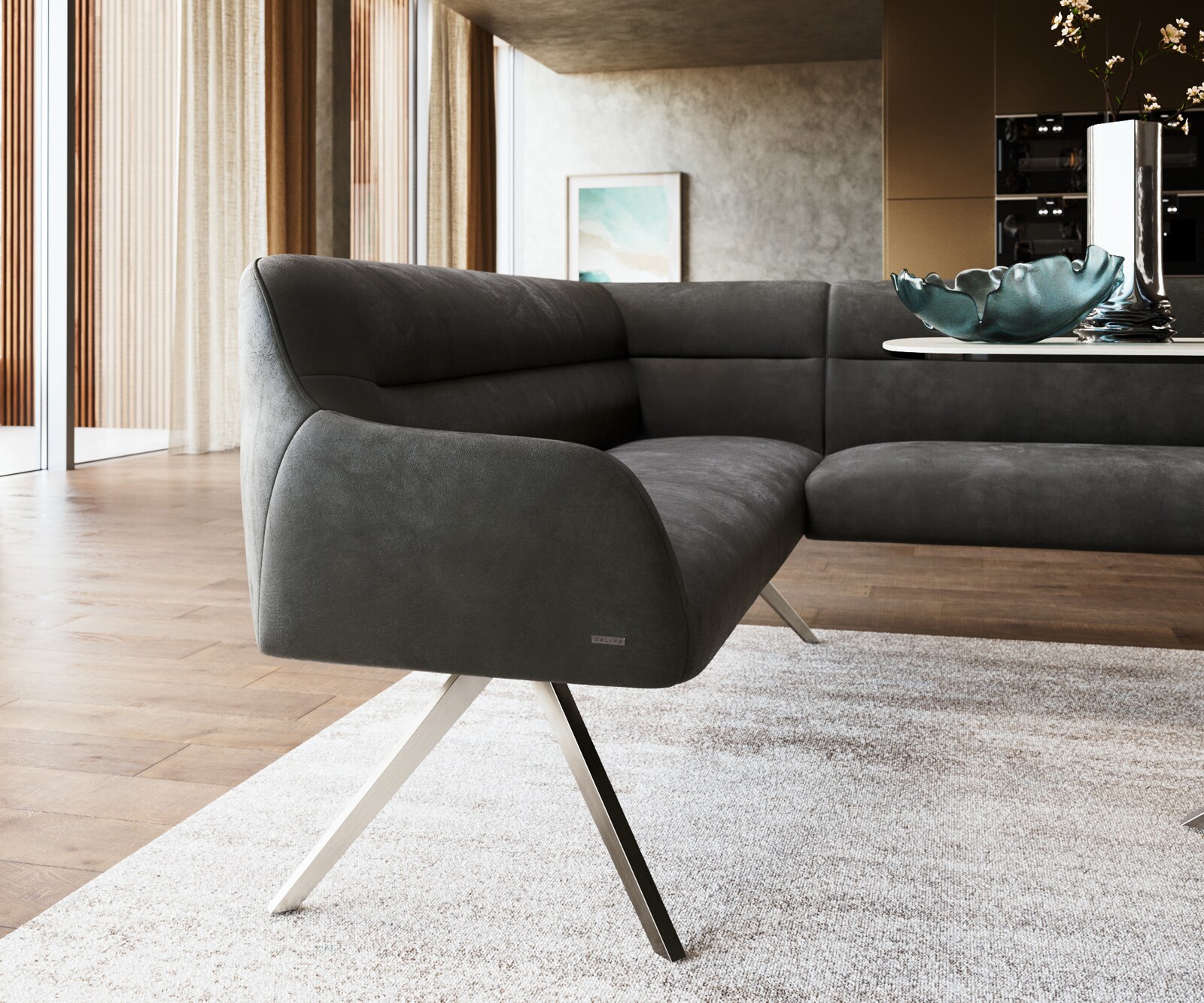 Тапицирана ъглова пейка Taya-Flex 285х190 см, Дясна, Кръстосани стоманени основи, Покет пружини, Дамаска Микрофибър, Винтидж Антрацит 4