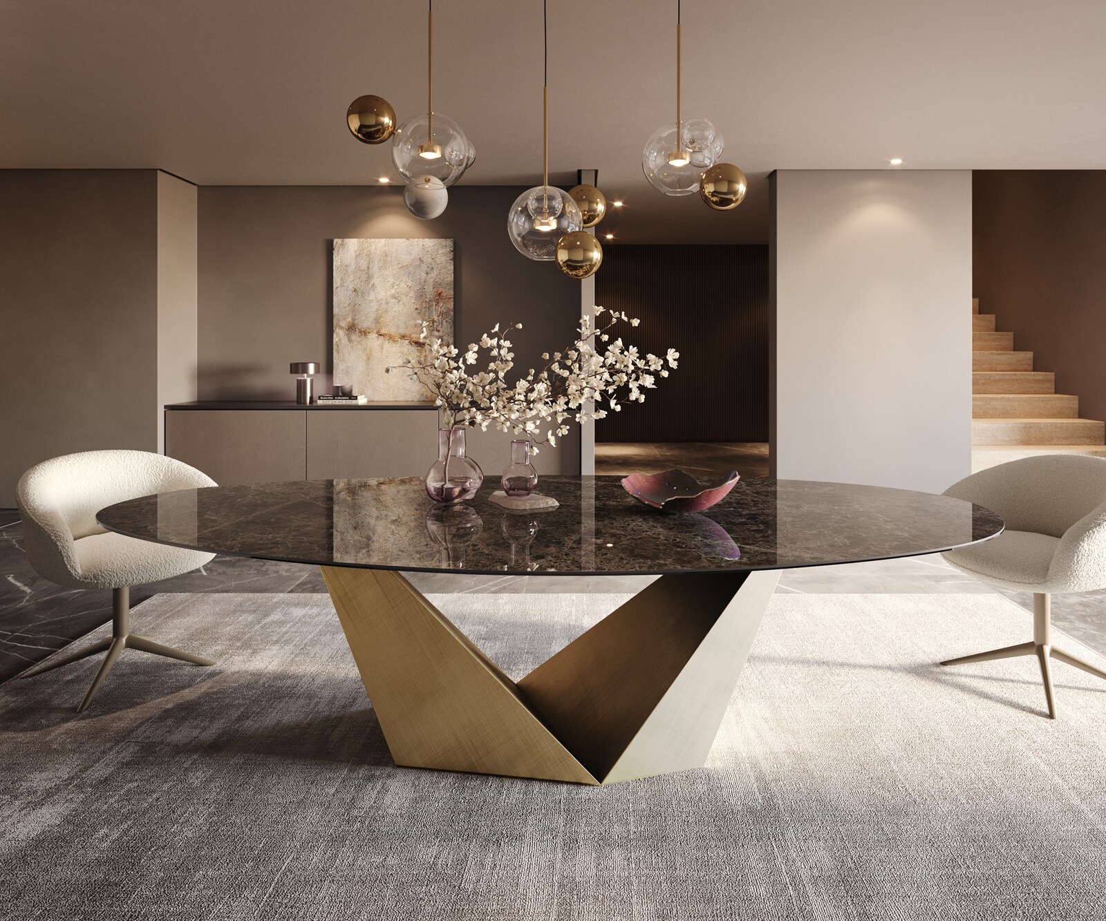 Трапезна маса Edge Oval 280x130 Ceramic Laminam® Emperador Extra Lucidato Dark brown Prisma Metallic Gold 1