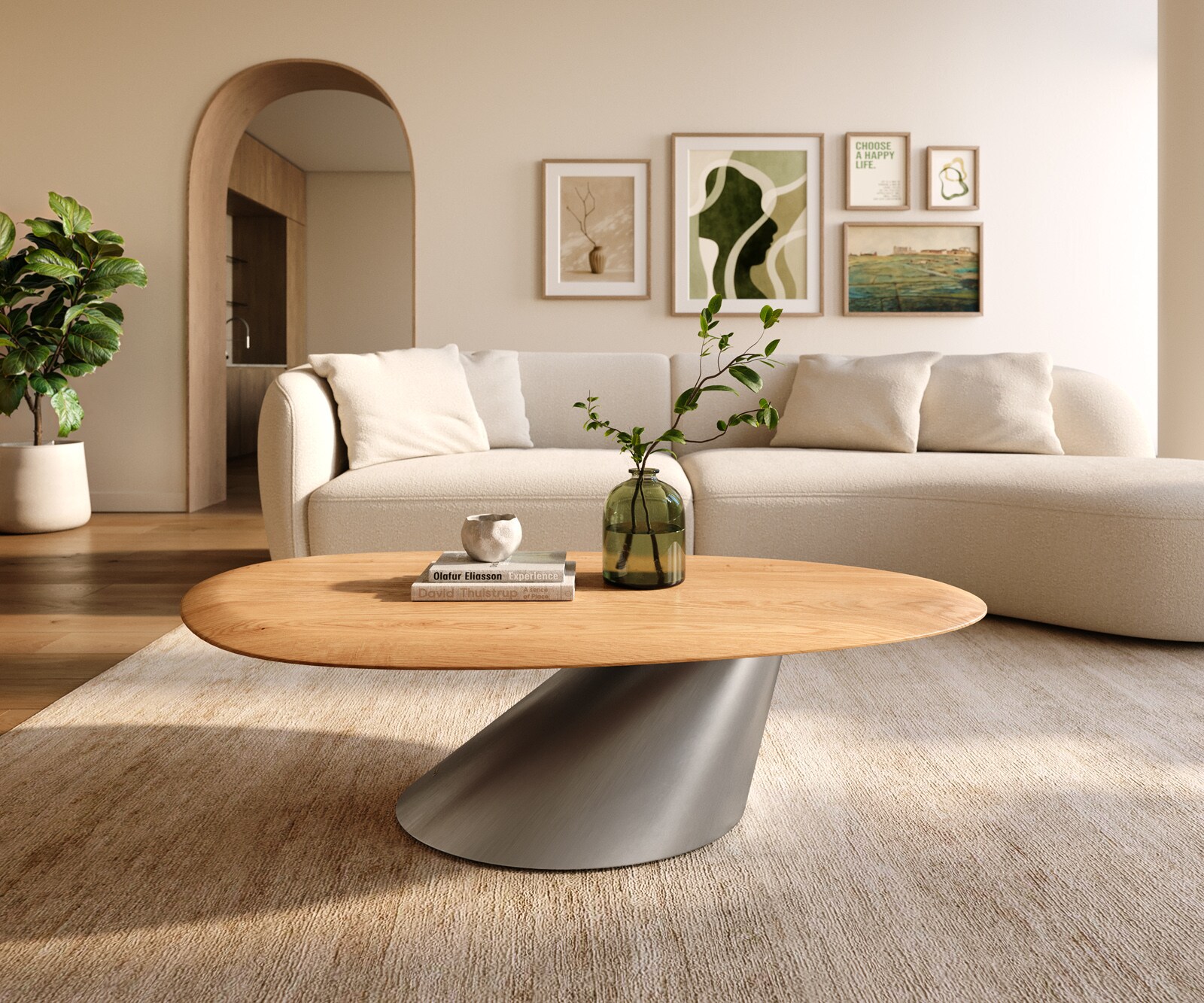 Масичка за кафе Edge Oval 140x75 cm естествен дъб кръгъл ръб Conis матирана неръждаема стомана 2