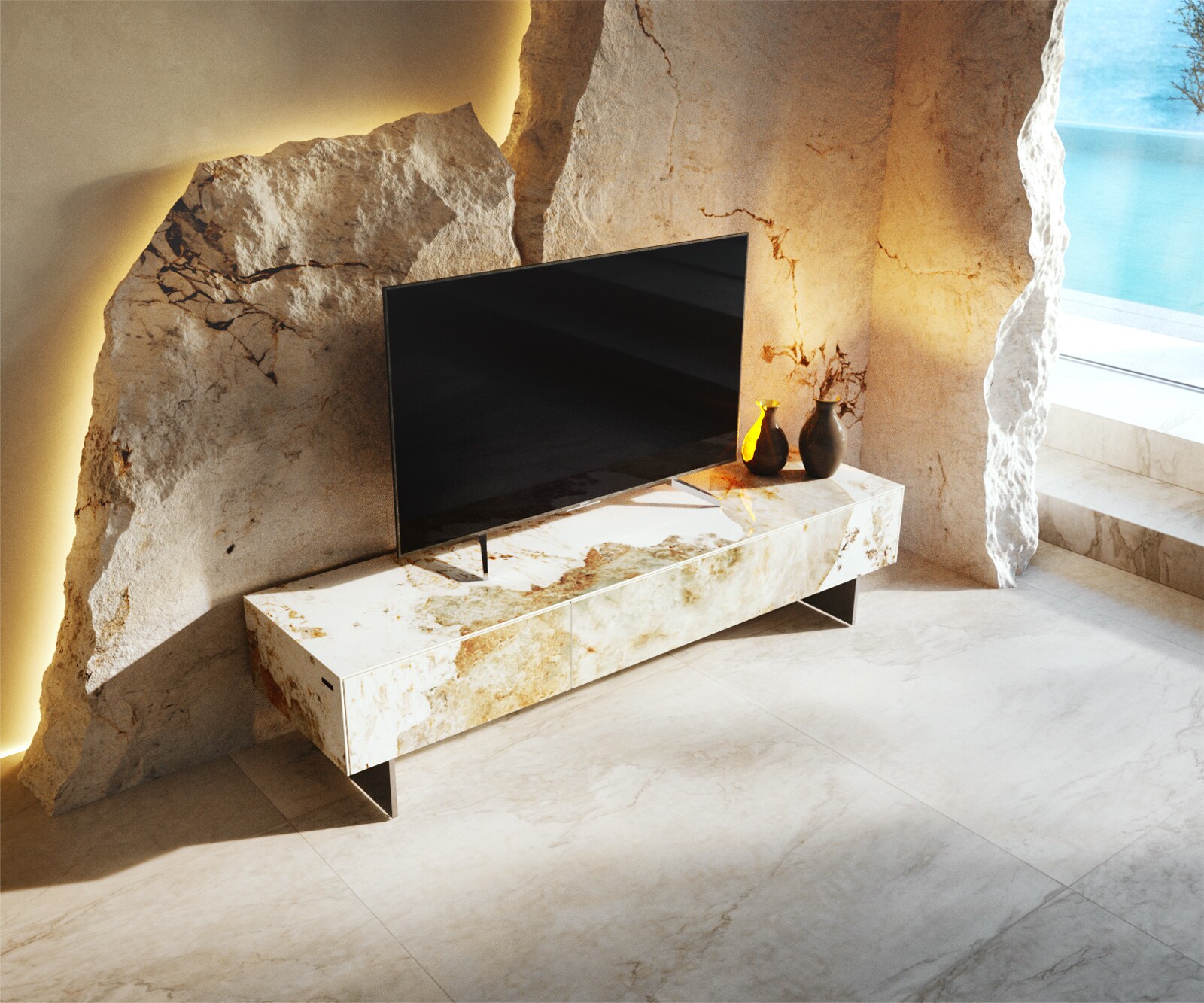 Нисък плот Cuor 150 см Керамика Minas Melange Бяло-бежово 1 клапа 1 чекмедже Основа Плаващ вид Неръждаема стомана 3