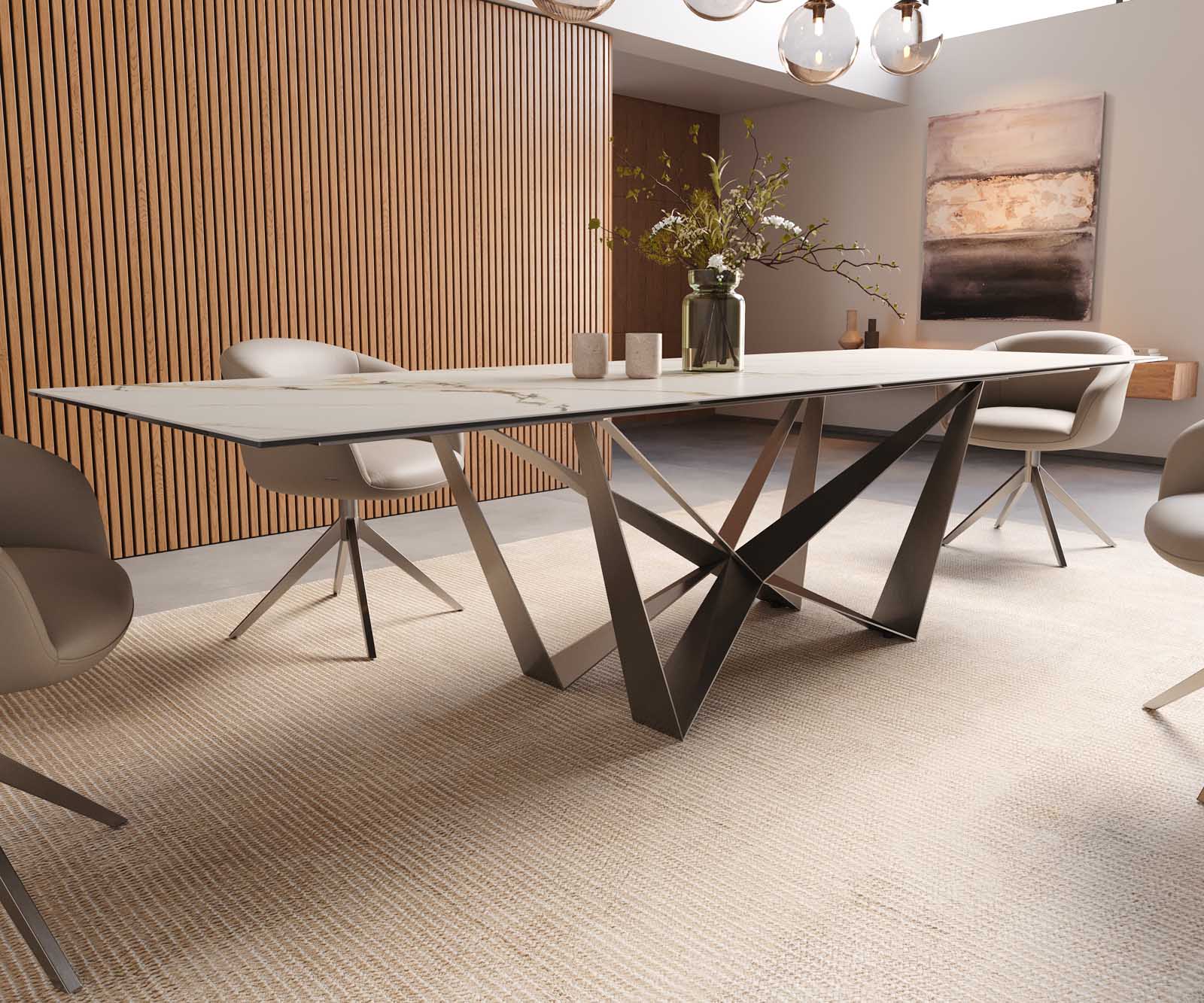 Трапезна маса Edge 300x100, керамика Calacatta Luxe, бяло-златно-сиво, Spider, плоска стомана, неръждаема стомана 7