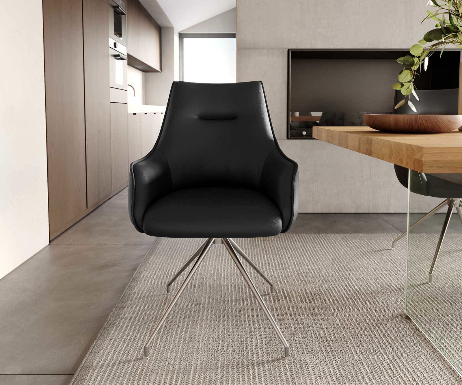 Врътящ се стол с подлакътници Естествена кожа Черен Конус крак кръгъл Неръждаема стомана 180° въртящ се Покет пружина Alja-Flex 2 Врътящ се стол с подлакътници Естествена кожа Черен Конус крак кръгъл Неръждаема стомана 180° въртящ се Покет пружина Alja-Flex 2