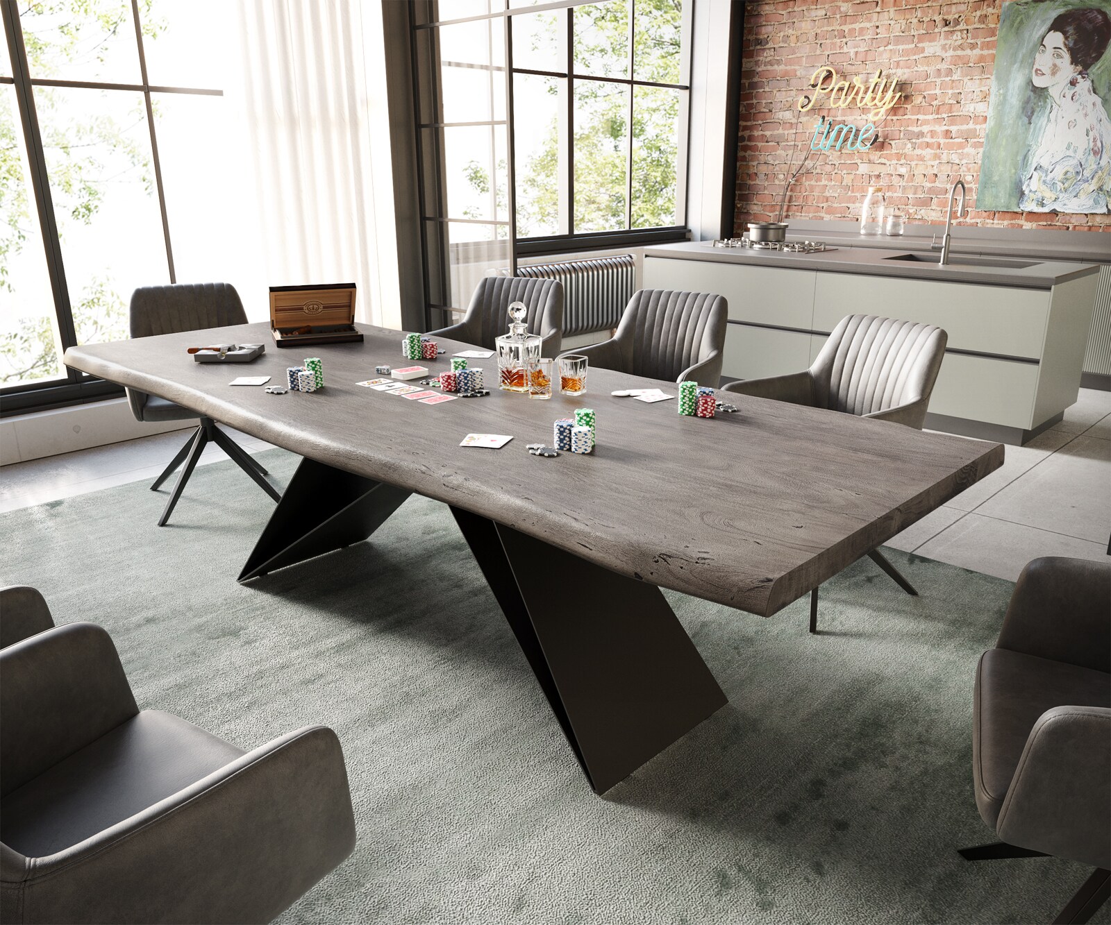 Маса 260x100 XL Акация Платинен цвят V-Рамка плоска стомана Черен Edge