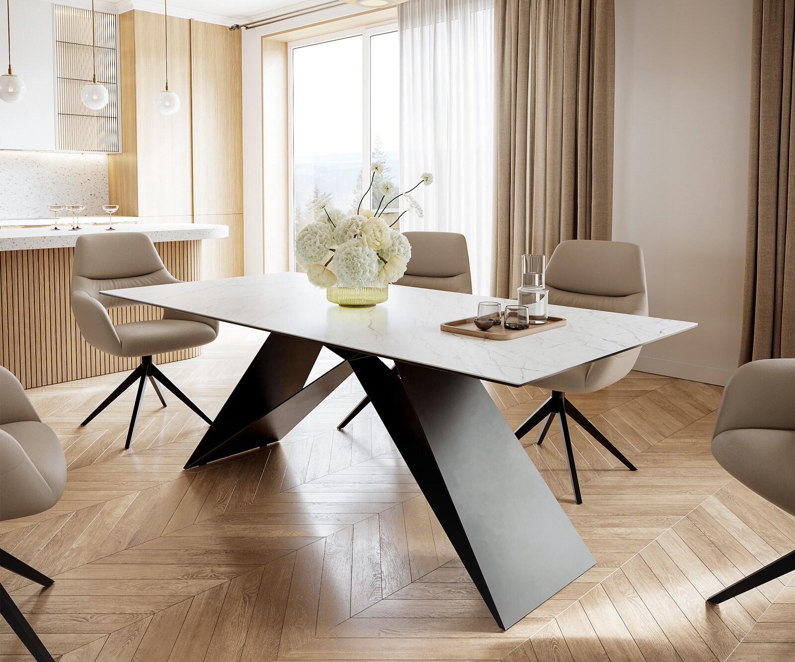 Маса 200x100cm Keramik Laminam®Statuarietto Бял V-среден крак Черен Edge