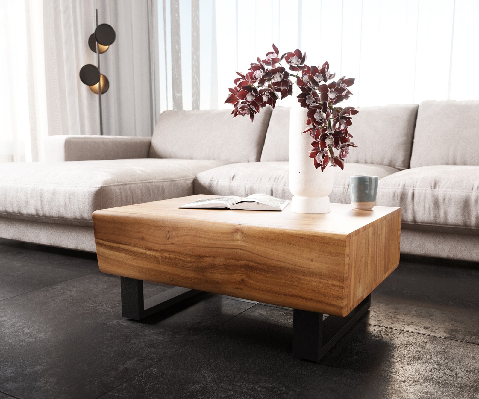 Масичка за кафе New Live-Edge 80x60 cm Acacia natural 2 чекмеджета Skid metal black 3