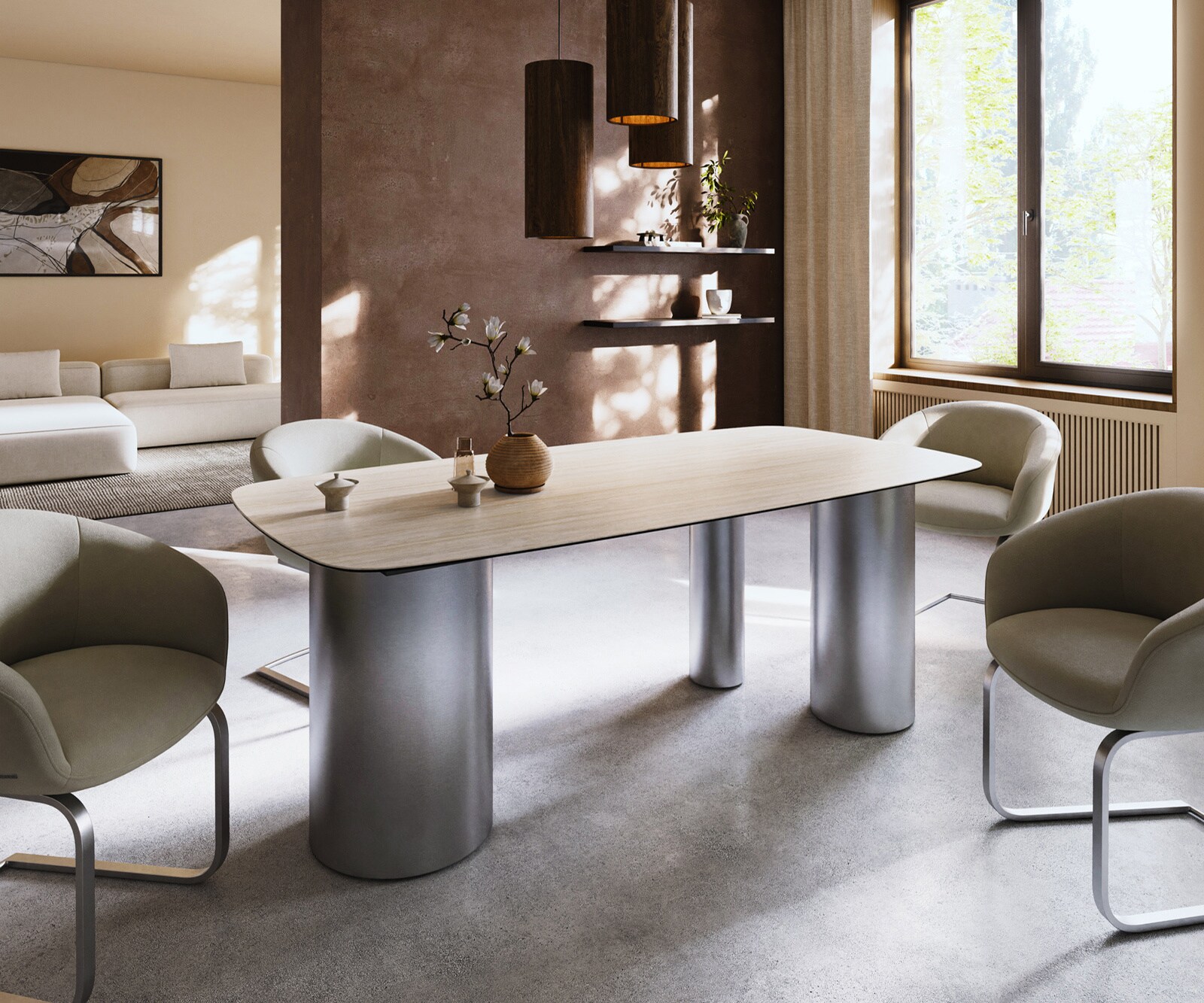 Трапезна маса Edge Boot 200x100, керамика Laminam „®“, Travertino Bianco (кремаво-бял), Troa, неръждаема стомана с матирана повърхност 5