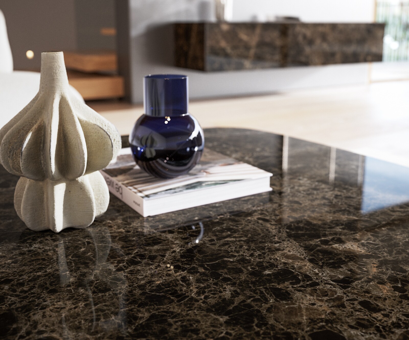 Масичка за кафе Edge Boot 90x90 cm керамика Laminam® Emperador Extra Lucidato Тъмно кафяво Sarity Матирана неръждаема стомана 7