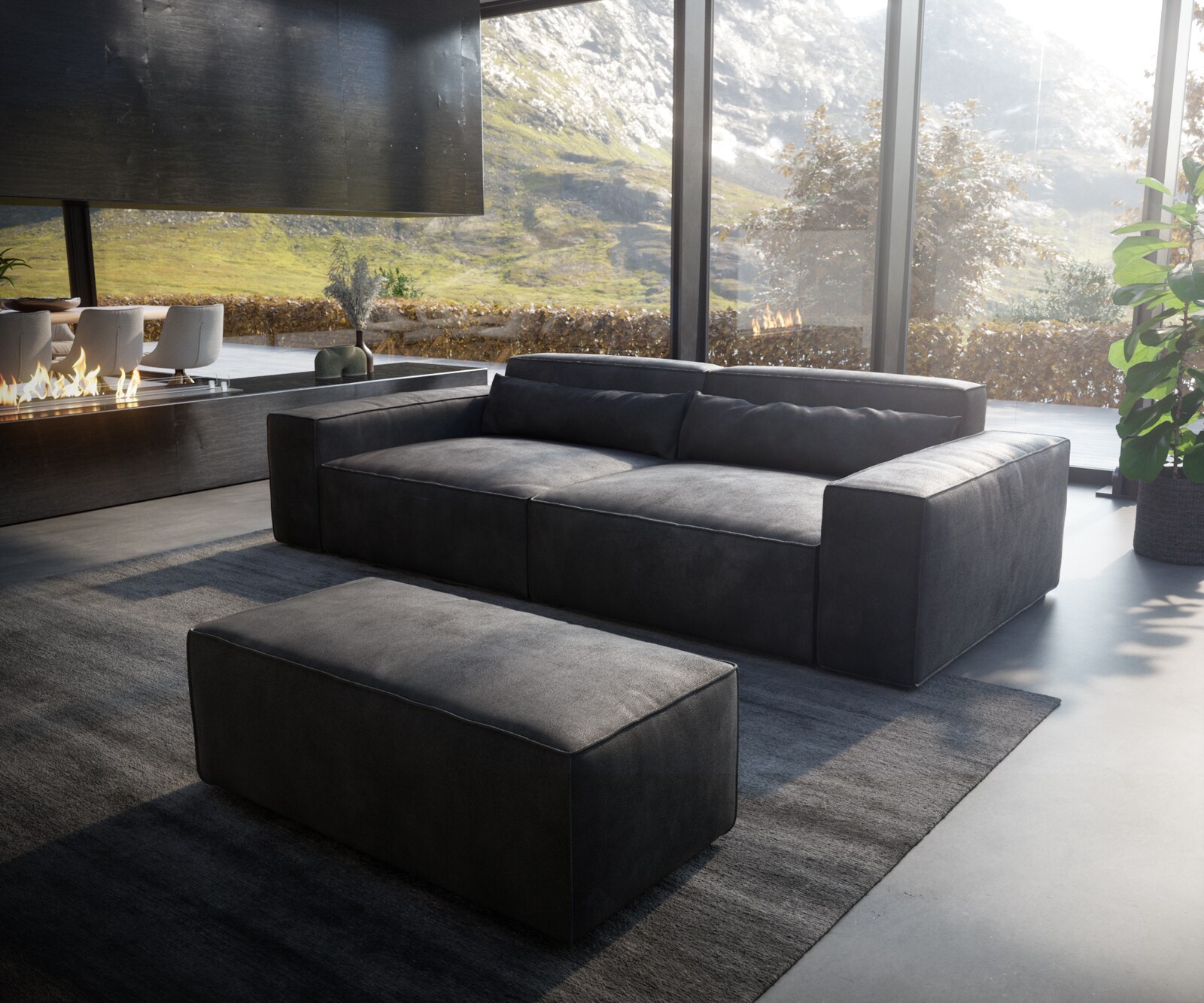 Голям диван XL 270x130 cm Имитация на кожа Винтидж Антрацит  с табуретка Sirpio