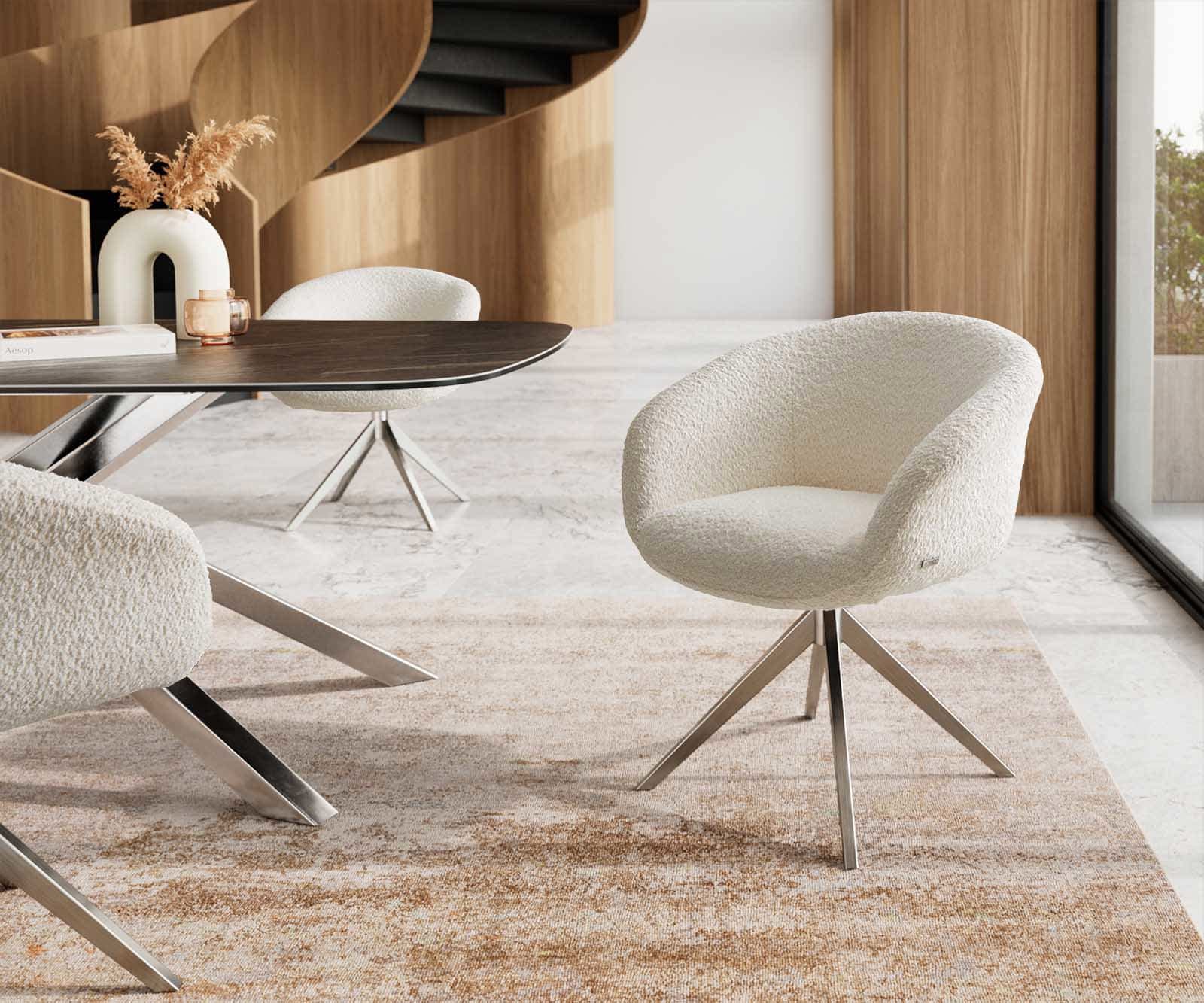 Врътящ се стол с подлакътници Букле Бял Конус крак плосък Неръждаема стомана 360° въртящ се Покет пружина Vinka-Flex Врътящ се стол с подлакътници Букле Бял Конус крак плосък Неръждаема стомана 360° въртящ се Покет пружина Vinka-Flex