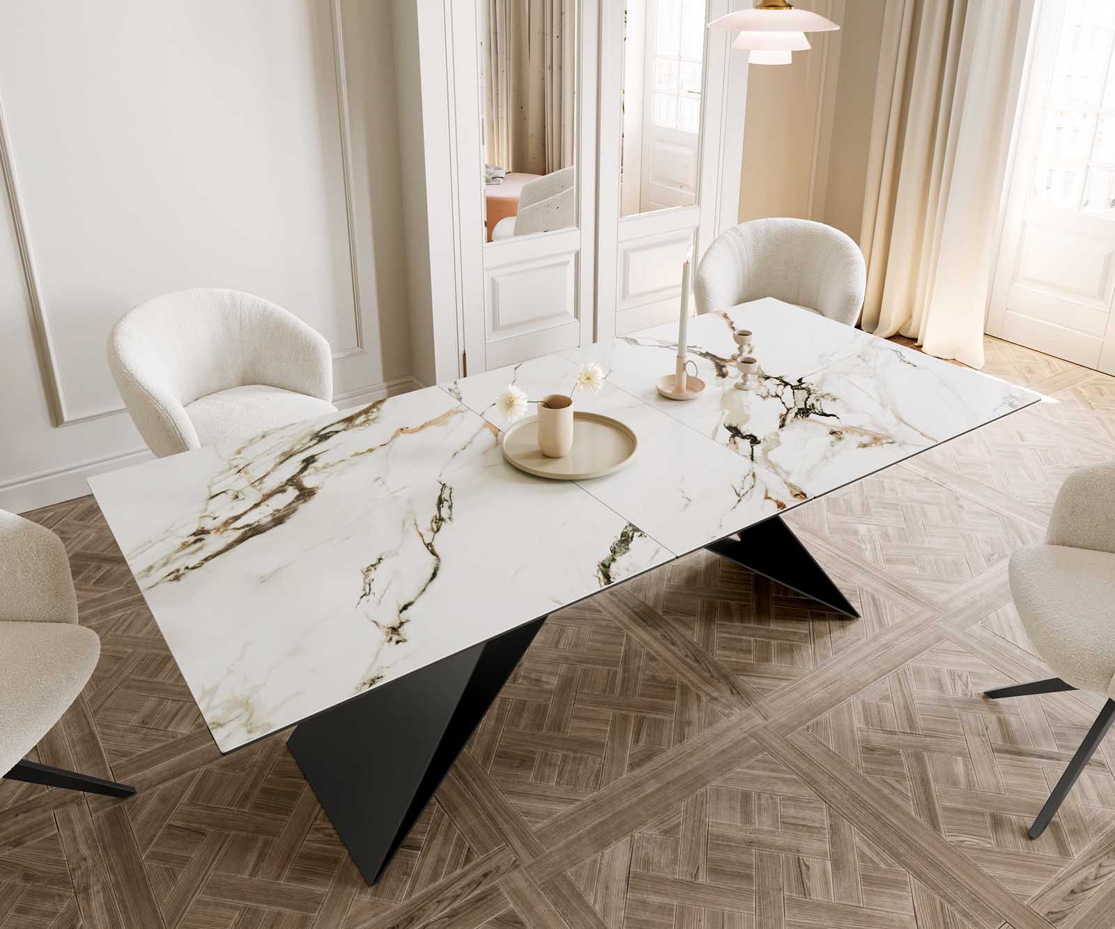 Разтегателна трапезна маса Edge 180-220х100 см Керамика Calacatta Luxe Бял-Злато-Сив V-образна метална основа Черен 5