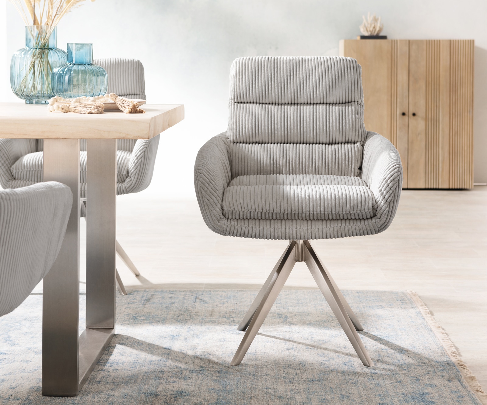 Врътящ се стол с подлакътници Корд СребристСив Конус крак  Неръждаема стомана 180° въртящ се Abelia-Flex 1 Врътящ се стол с подлакътници Корд СребристСив Конус крак  Неръждаема стомана 180° въртящ се Abelia-Flex 1