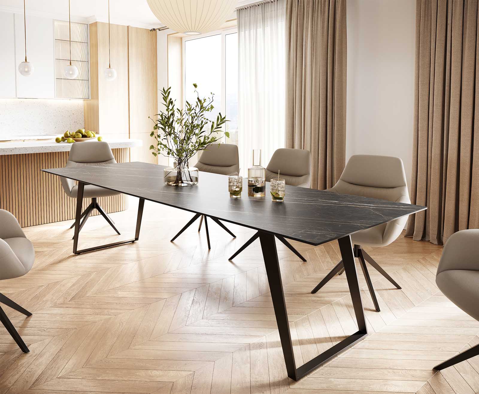 Маса 300x100 Keramik Laminam® Noir Desir Кафяв Метал под ъгъл Черен Edge