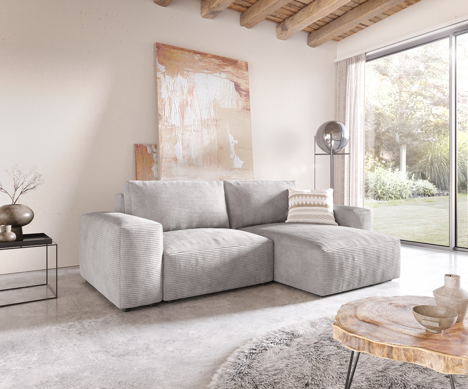 Ъглов диван L 260x160 cm Корд СребристСив Варианти лежанка Lanzo