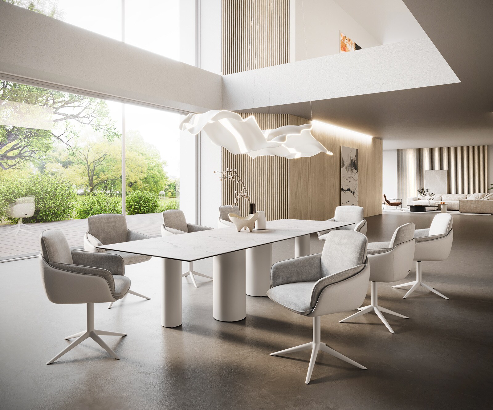 Трапезна маса Edge 300x100, керамика Laminam „®“, Statuarietto бяло, метални колони, бяло 7