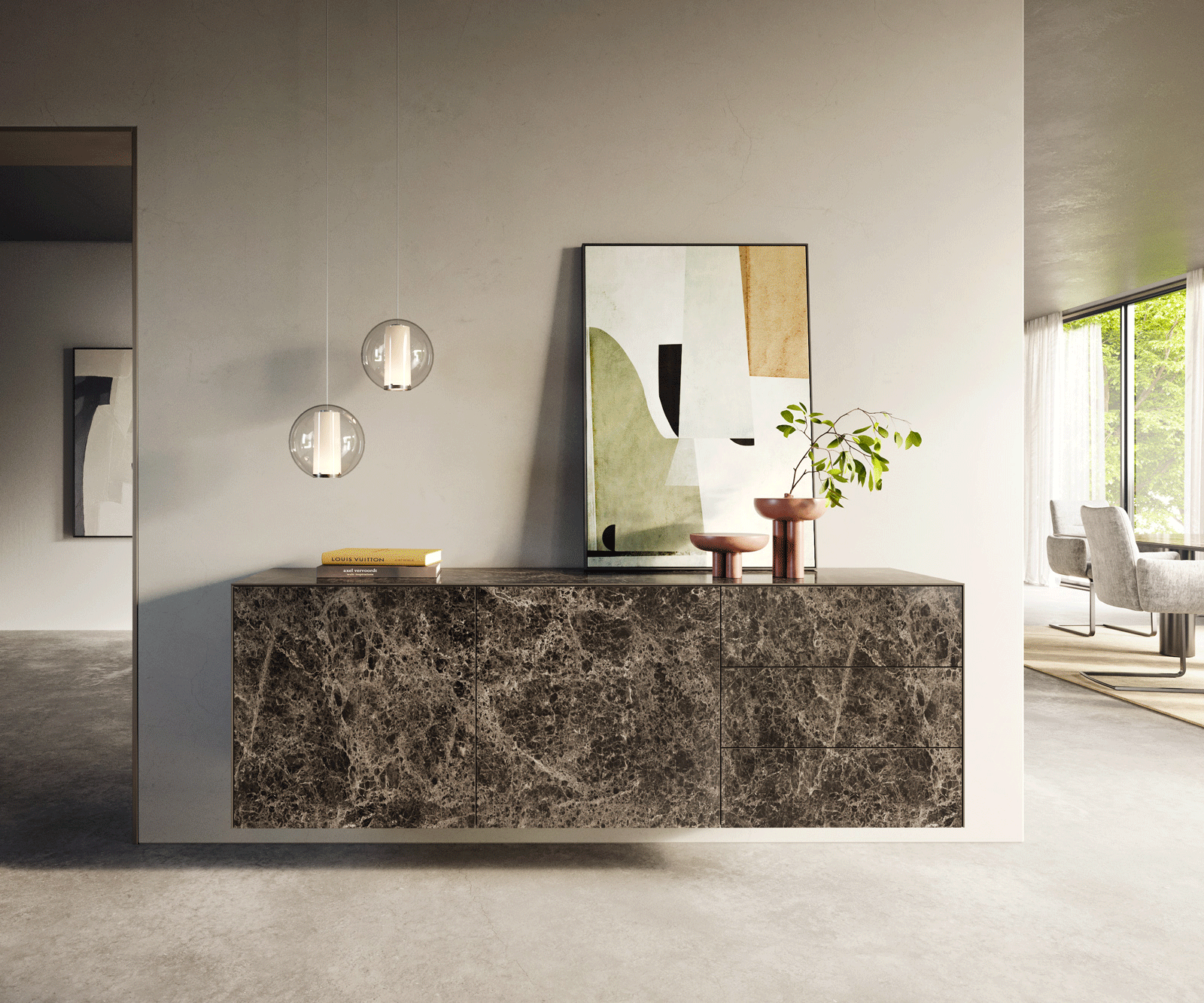 Стенен Бюфет Cuor 180 см Керамика Laminam® Emperador Extra Lucidato Тъмнокафяво 2 врати 3 чекмеджета  1