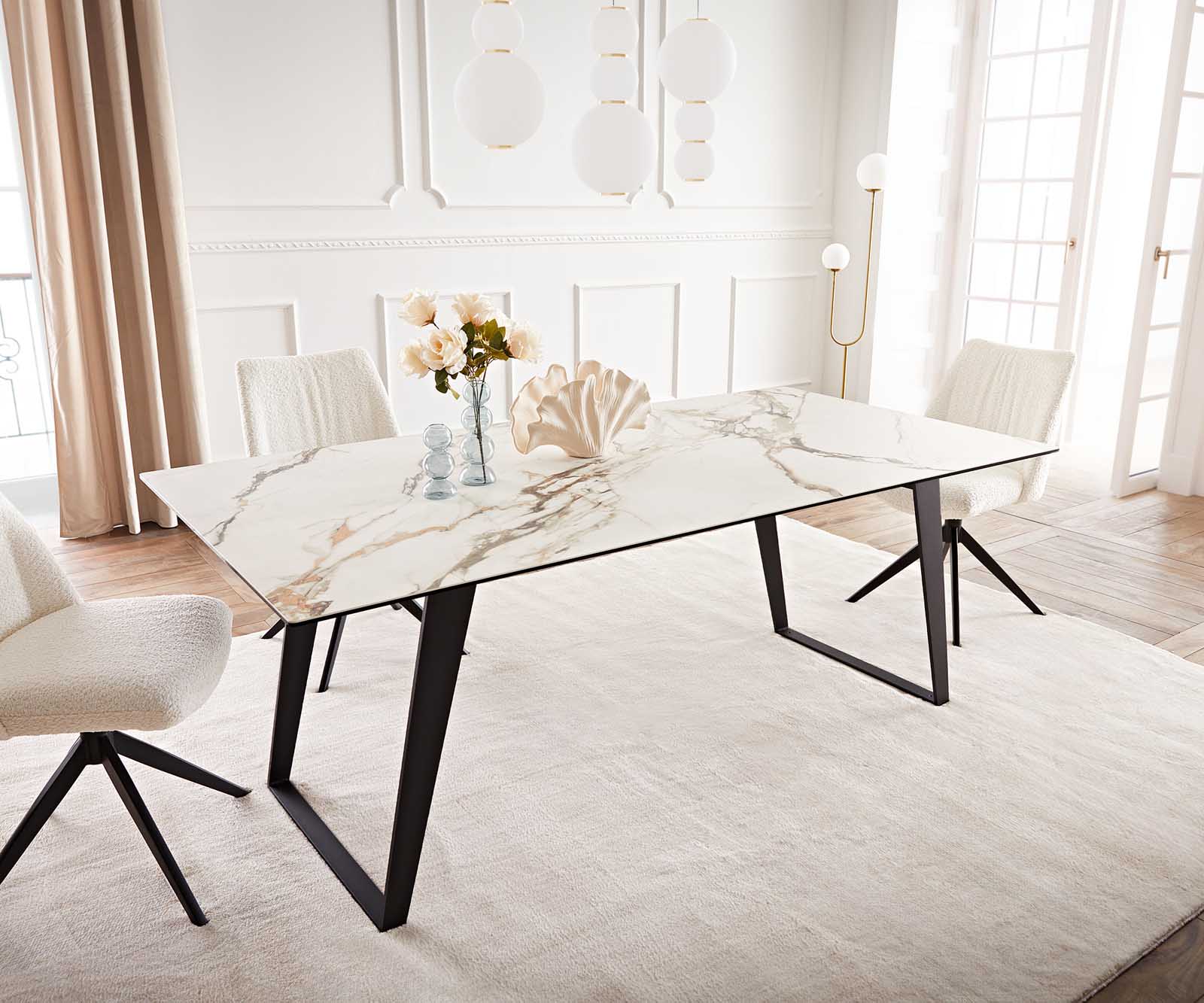 Маса 200x100 Keramik Calacatta Luxe Бял-Злато-Сив Метал под ъгъл Черен Edge 1
