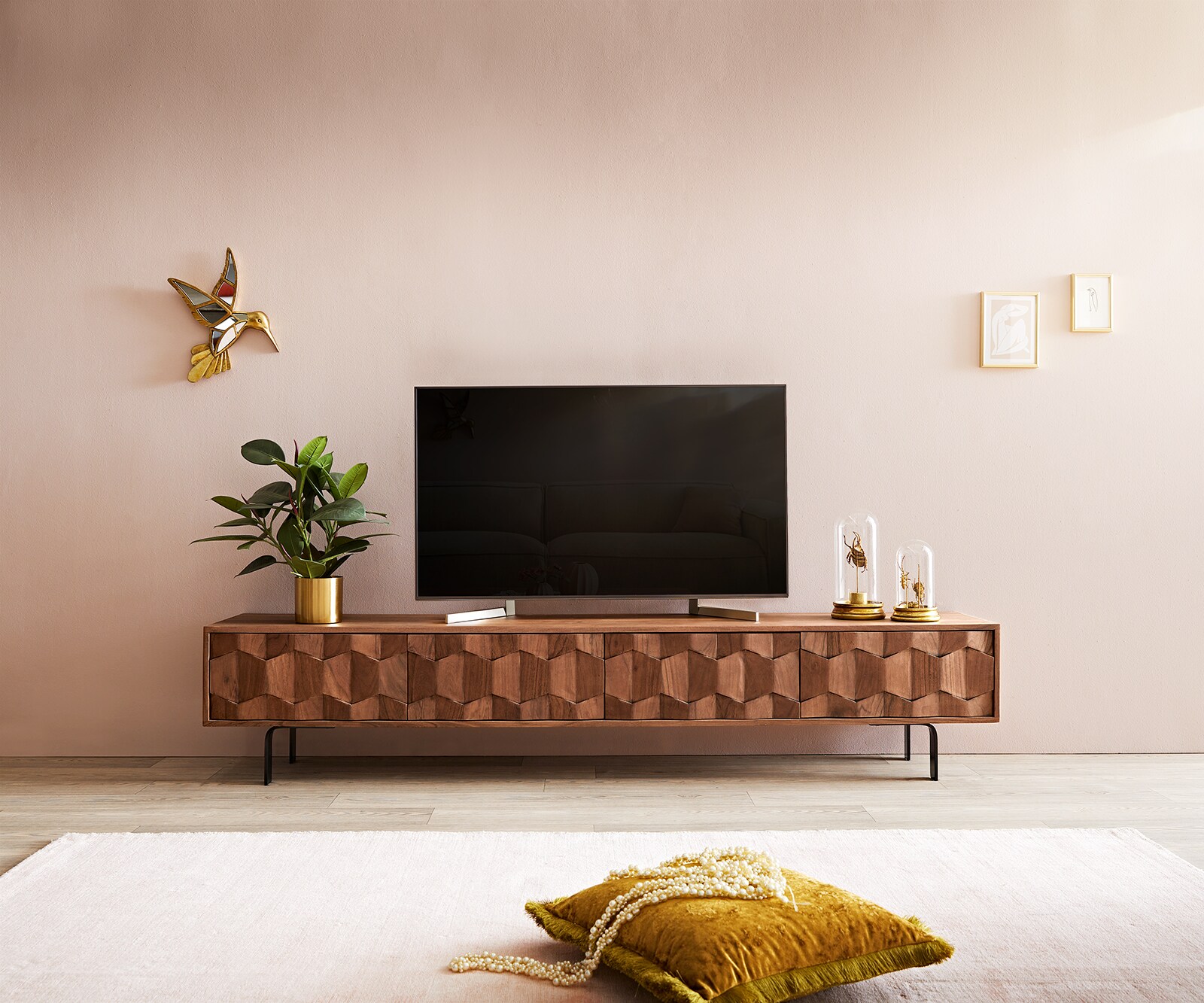 ТВ шкаф Fevo 200 cm, Масив Акация, 4 Врати, Г-Крак, Кафяв 1