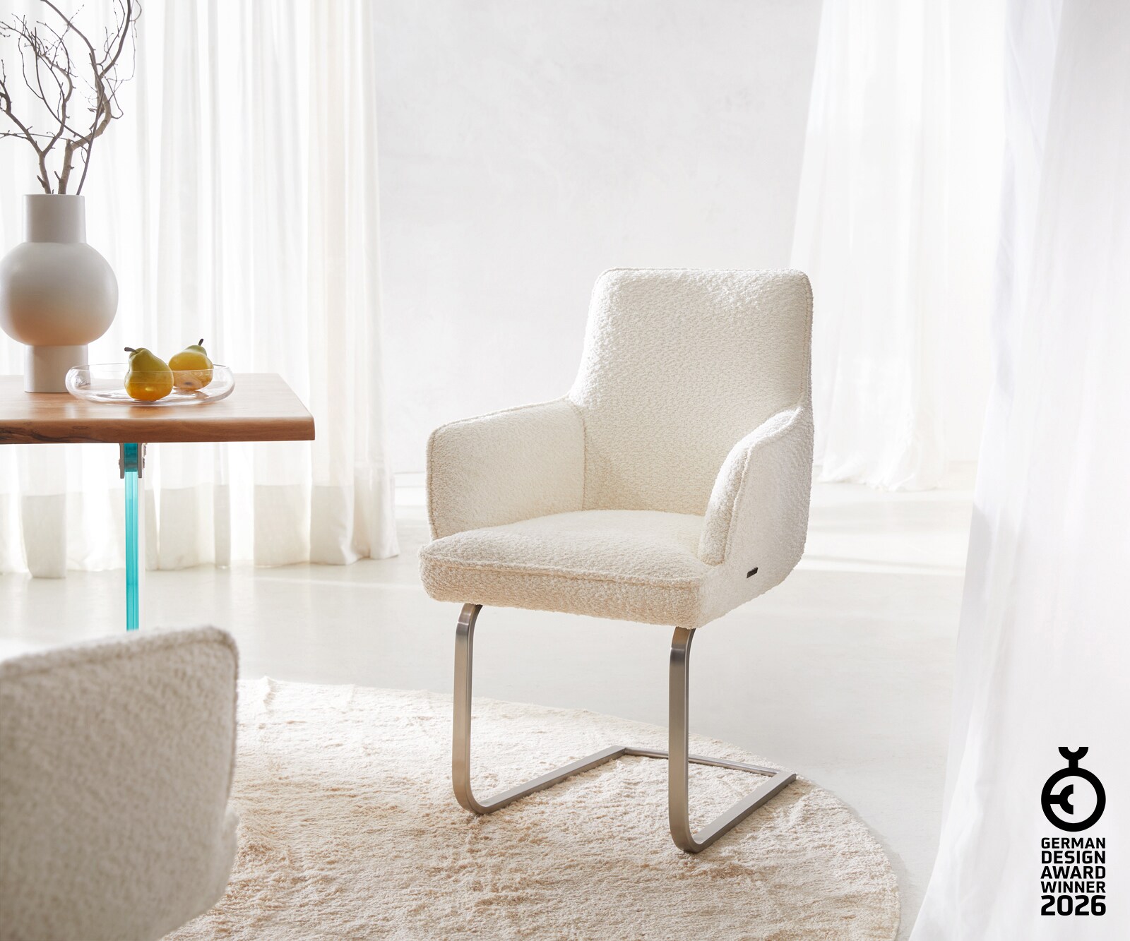 Люлеещ стол с подлакътници Букле Бял Конзолен крак плосък Неръждаема стомана Покет пружина Heira-Flex