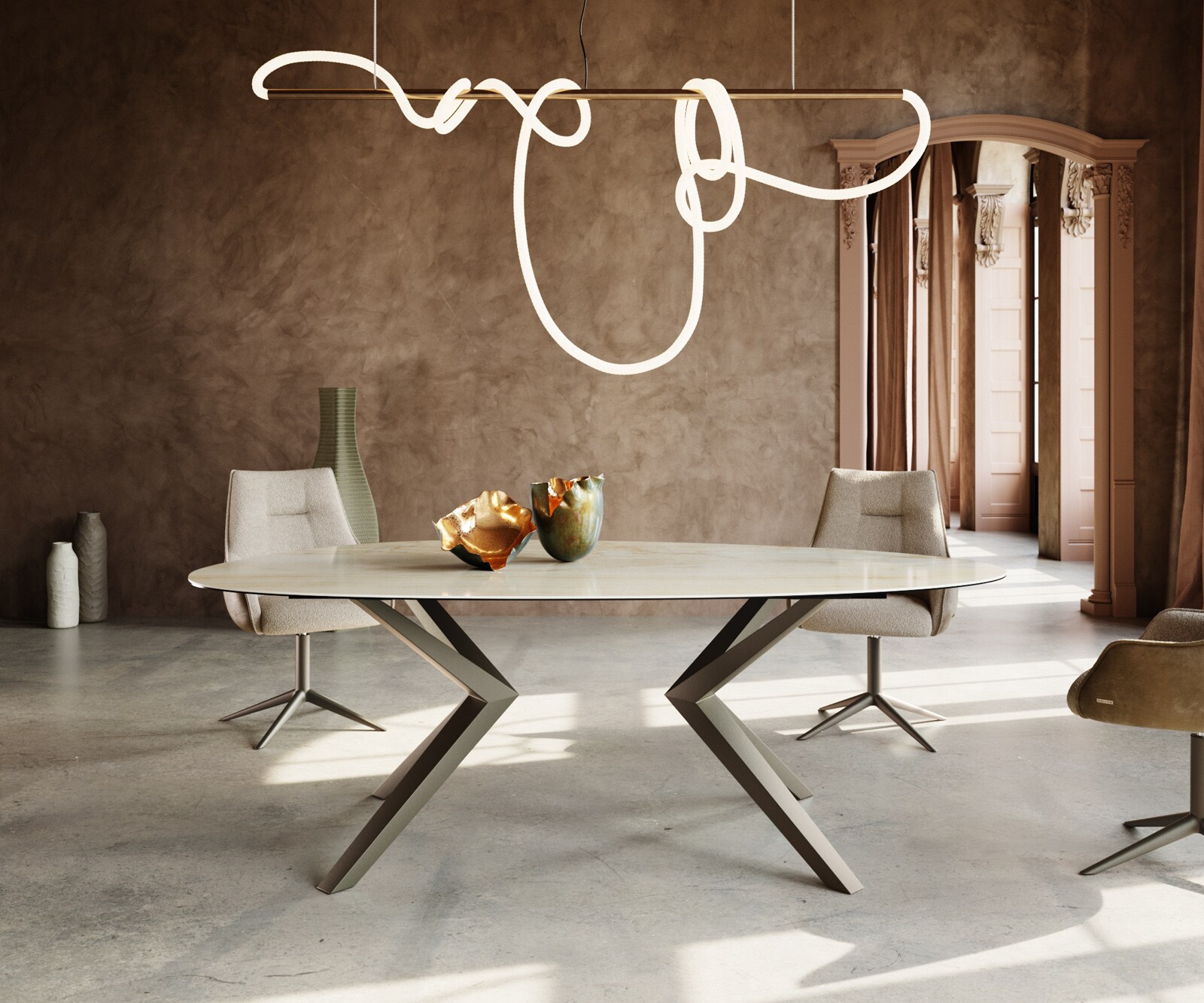 Edge Овална маса за хранене 220x120 керамика Iris FMG Onice Oro Zenthara ъглов метален ефект покритие титан 1 Edge Овална маса за хранене 220x120 керамика Iris FMG Onice Oro Zenthara ъглов метален ефект покритие титан 1