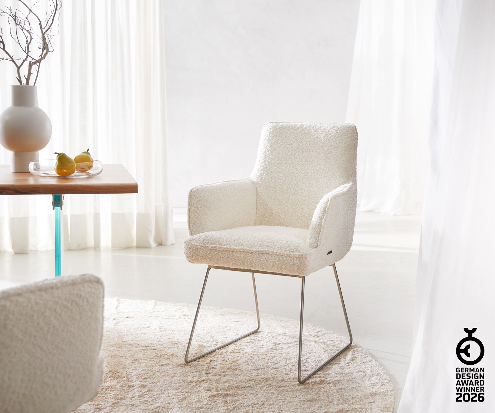 Стол Букле Бяло Извити крака Неръждаема стомана Покет пружина Heira-Flex