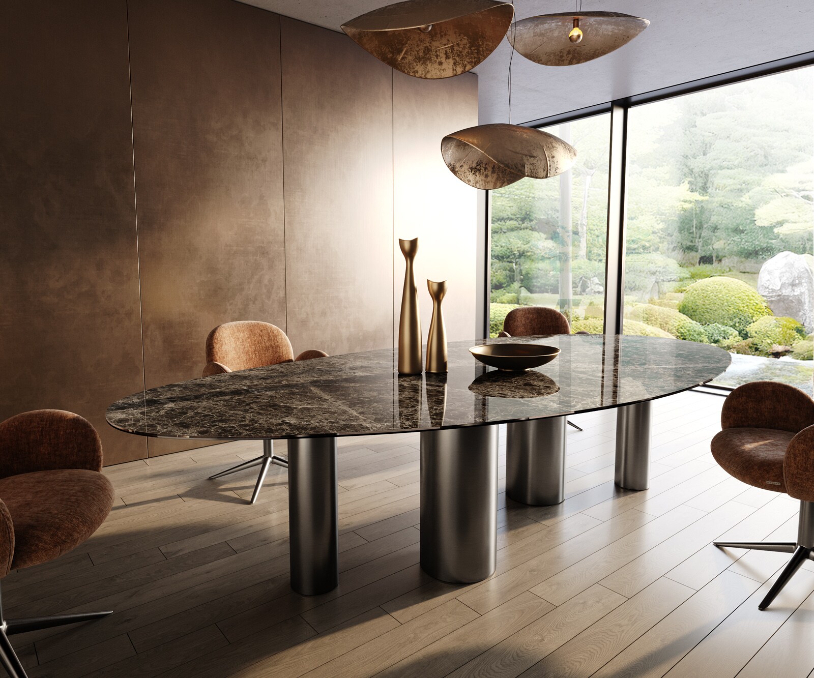 Трапезна маса Edge Oval 315x150, керамика Laminam „®“, Emperador Extra Lucidato, тъмнокафяво, Pilier, неръждаема стомана, графит