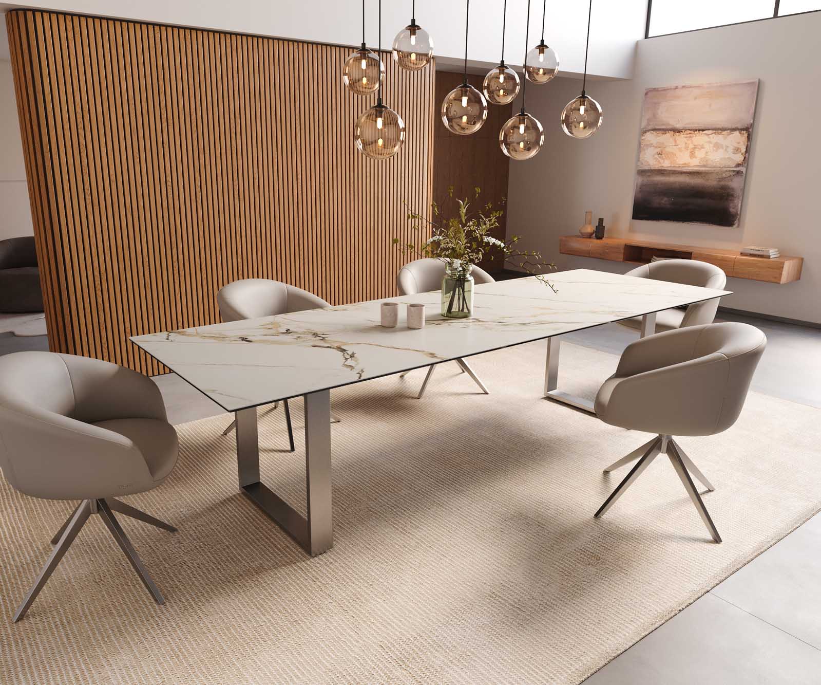 Трапезна маса Edge 300x100, керамика Calacatta Luxe, бяло-златно-сиво, неръждаема стомана, тясна 8