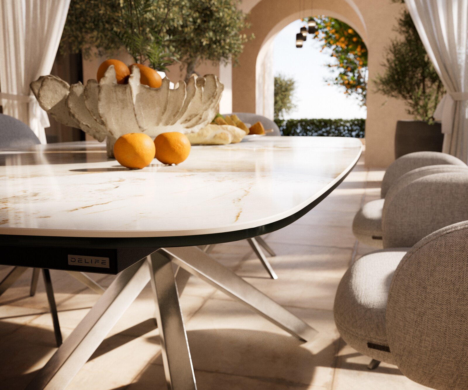 Маса Edge тип Лодка 200x100 см, керамика Minas Melange, бяло-бежова, подходяща за външна употреба, кръстосана рамка, правоъгълна, неръждаема стомана 4