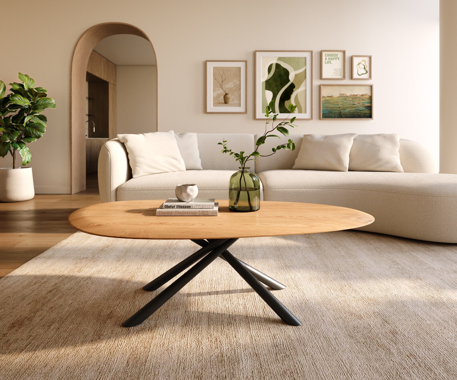 Масичка за кафе Edge Oval 140x75 cm естествен дъб кръгъл ръб Sarity метал черен 1