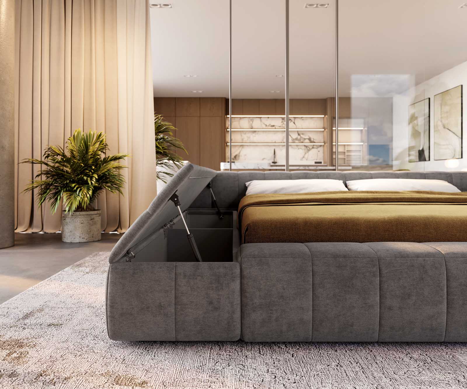 Тапицирано легло Espazio 180x200 cm от микрофибър в сиво с място за съхранение 6