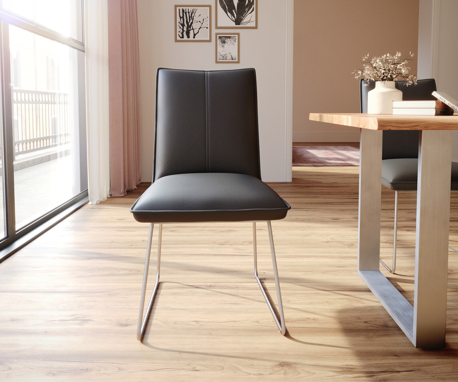 Трапезен стол Естествена кожа Черен Извити крака Неръждаема стомана  Покет пружина Lelio-Flex 2