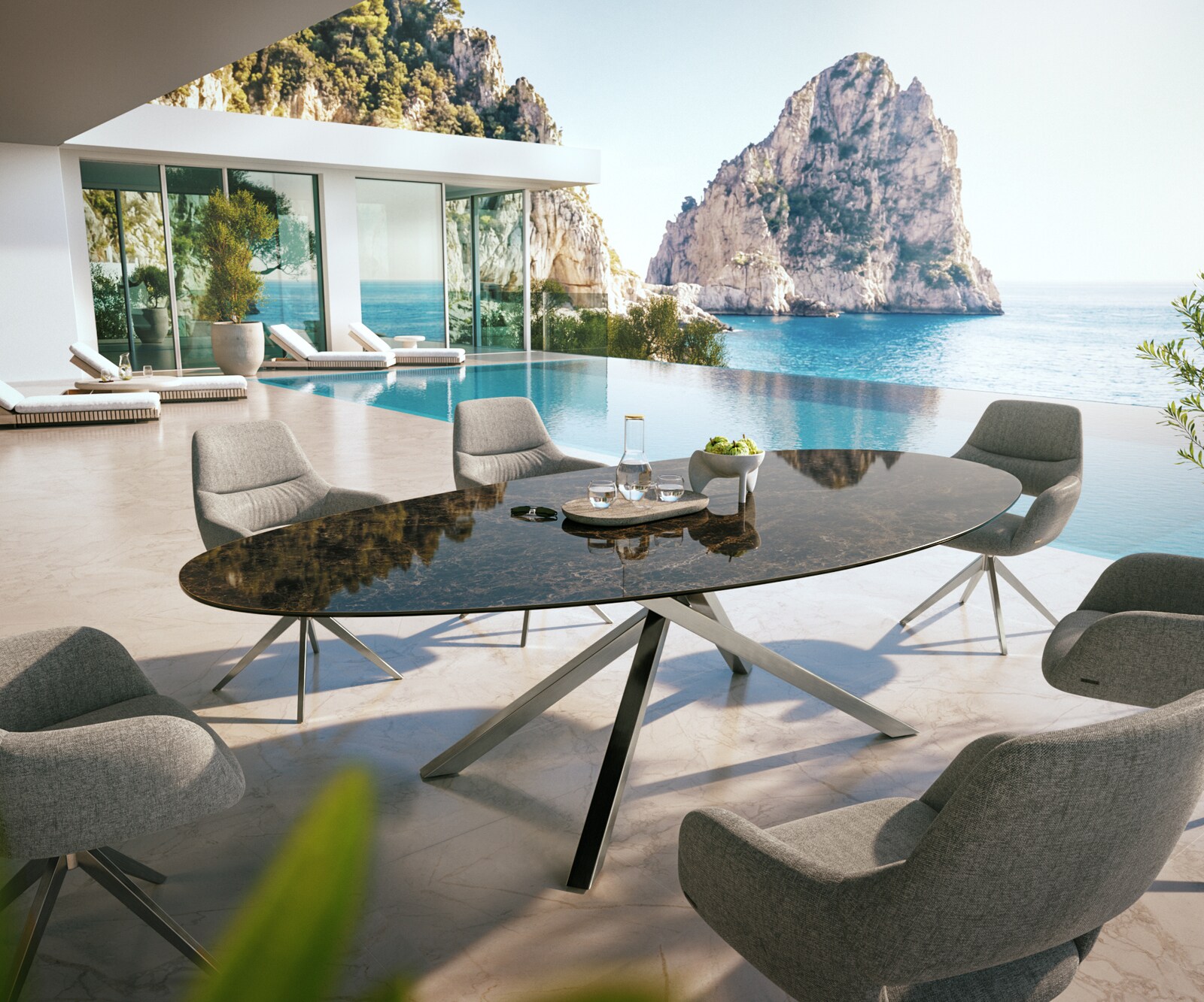 Маса Edge Овална 280x130 см, керамика Laminam „®“, Emperador Extra Lucidato, подходяща за външна употреба в тъмнокафяво, кръстообразна рамка, правоъгълна, неръждаема стомана 4