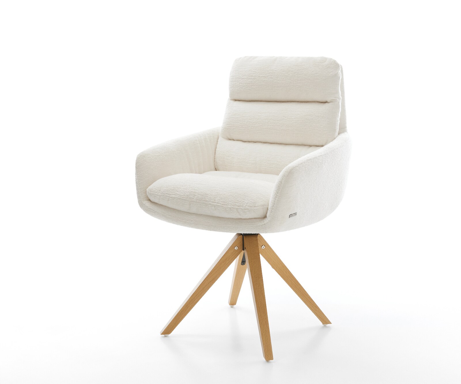 Въртящ се стол „Abelia-Flex“ с подлакътници „Bouclé Soft Beige“, дървена рамка с изчистени линии в естествен цвят, с възможност за завъртане на 180° 1