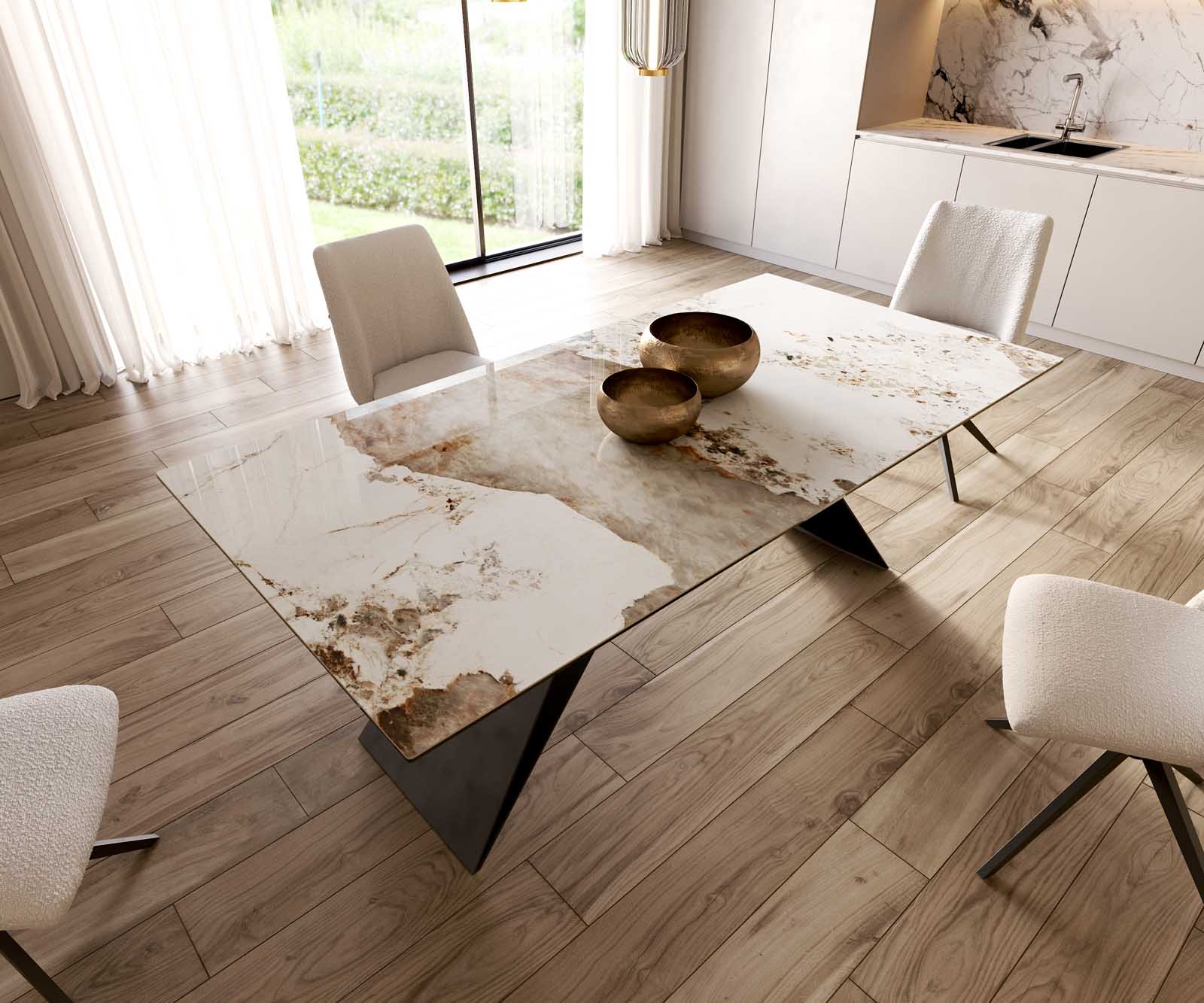 Маса 200x100 Keramik Minas Melange Бял-Бежов V-Рамка плоска стомана Черен Edge 5 Маса 200x100 Keramik Minas Melange Бял-Бежов V-Рамка плоска стомана Черен Edge 5